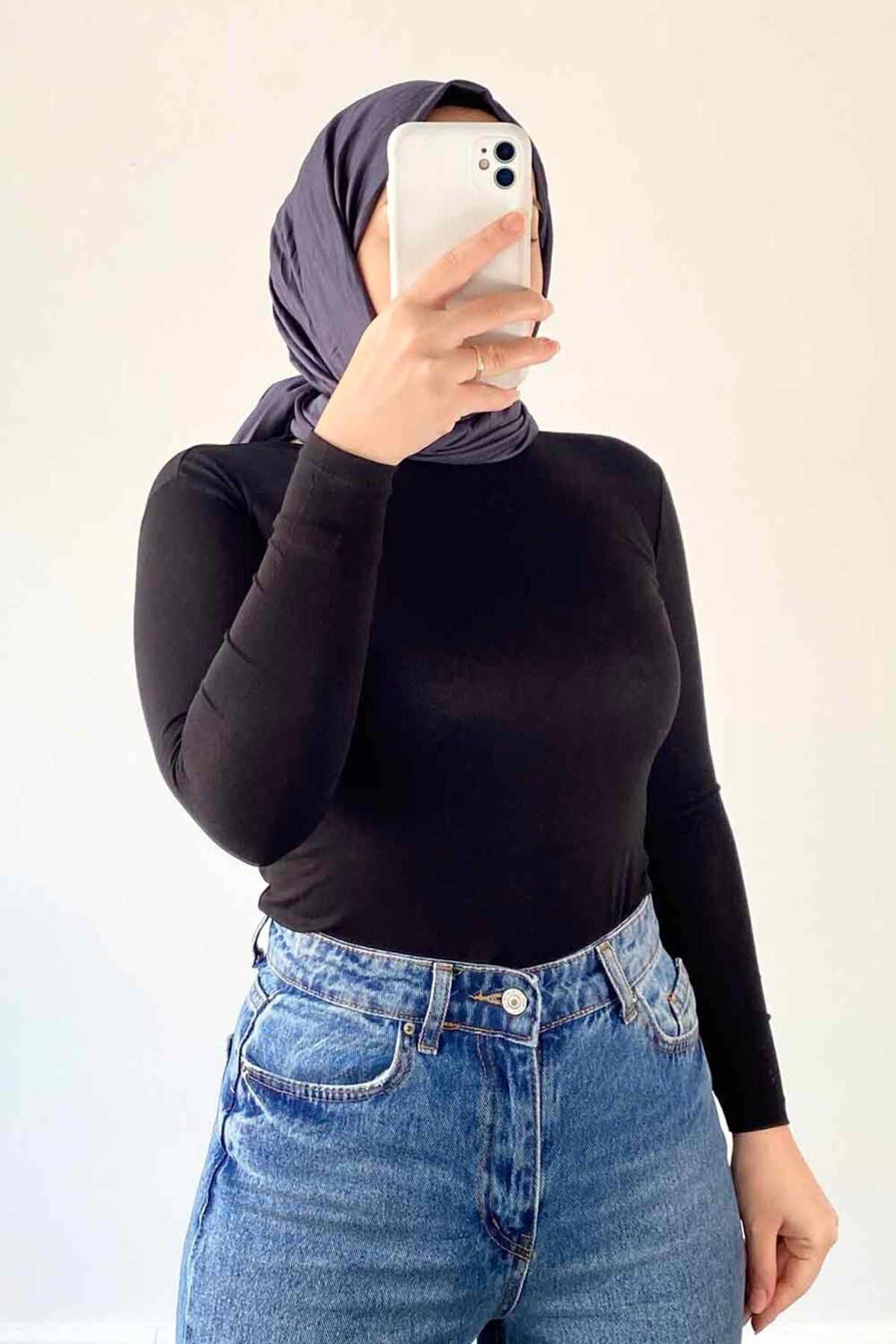 بادی پوشیده سیاه زنانه یقه دوچرخه رنگ جامد بدن lamelif