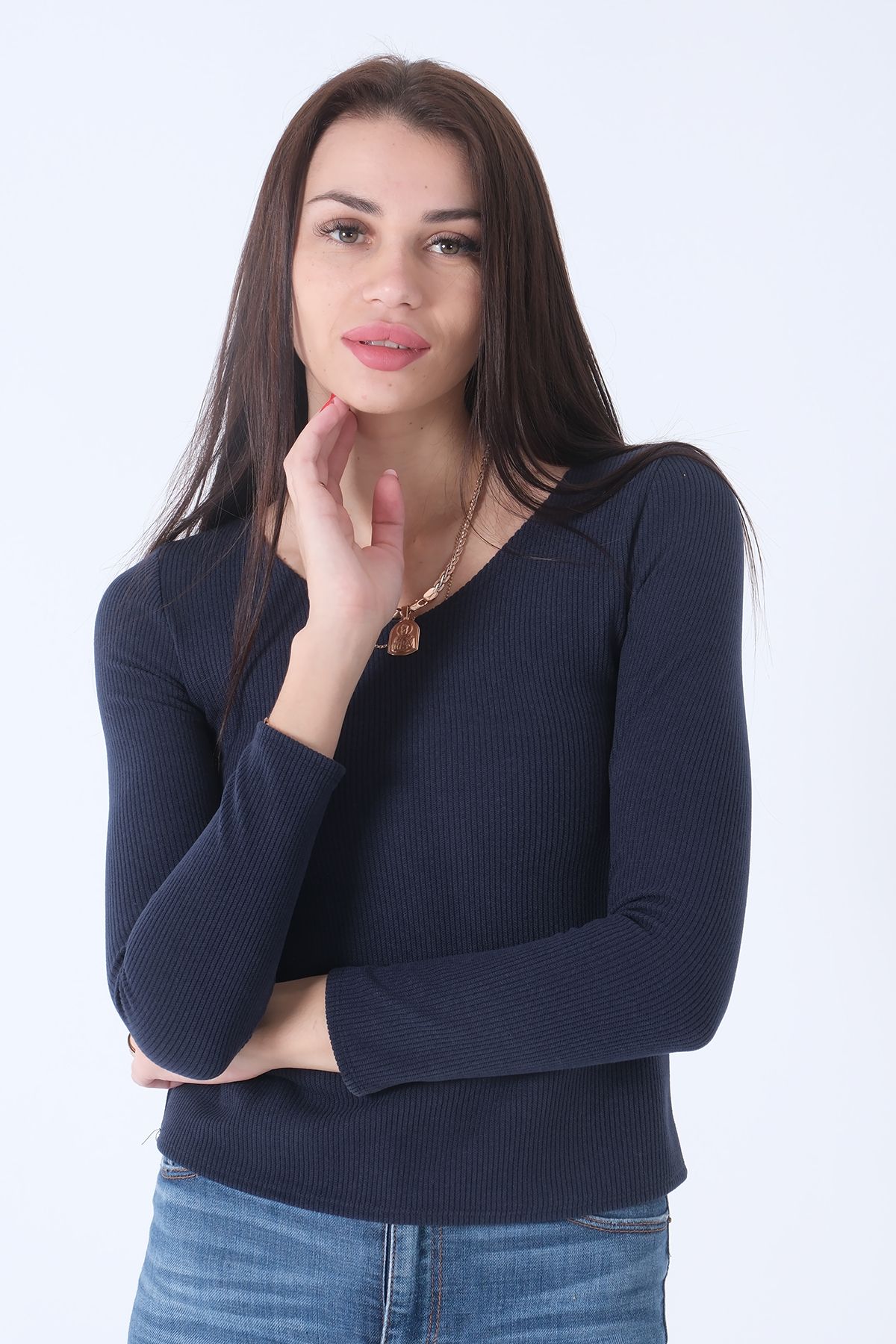 Feminist-Knitted V-Neck Sweater Navy Blue0103012 3