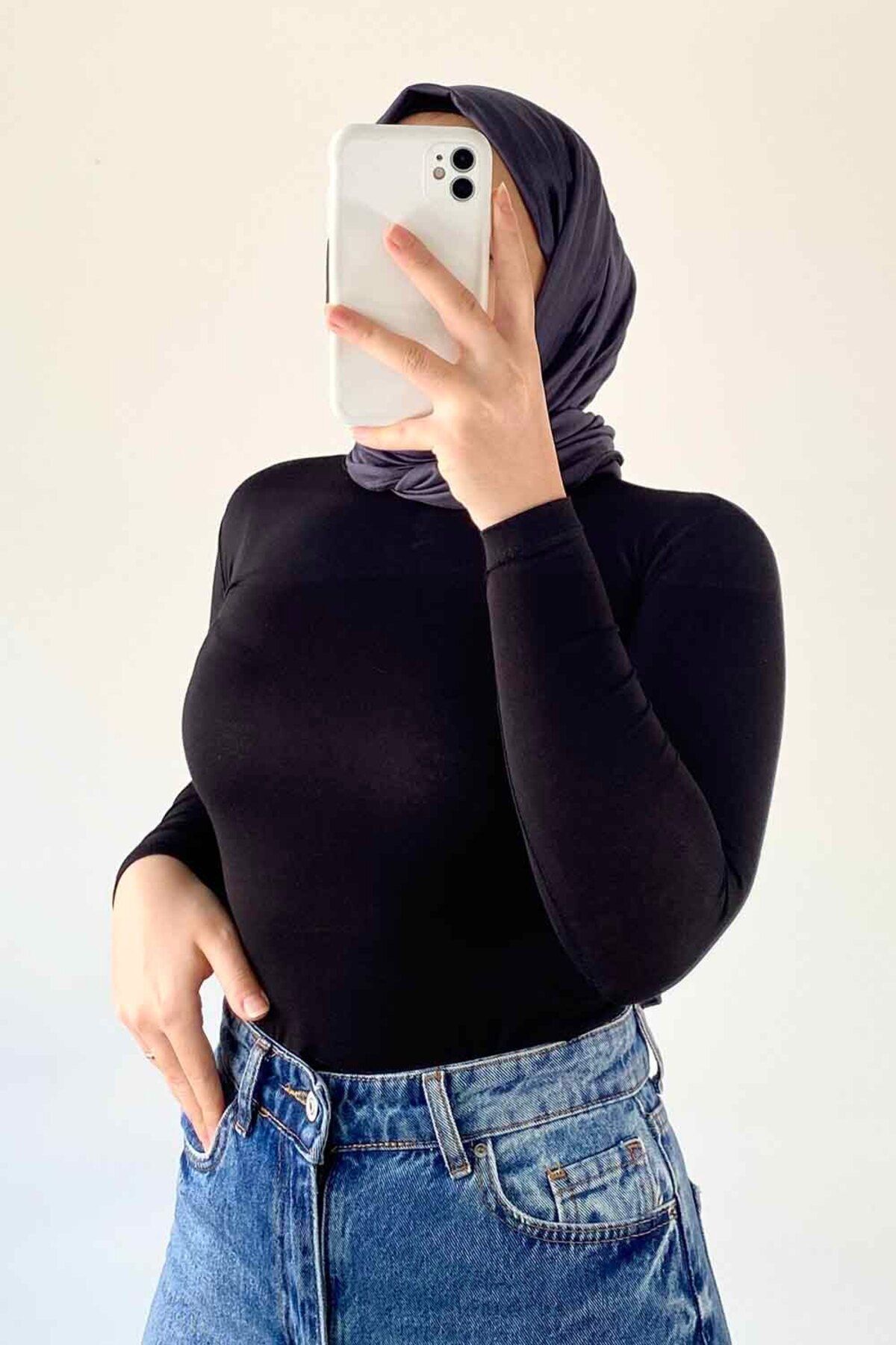 بادی پوشیده سیاه زنانه یقه دوچرخه رنگ جامد بدن lamelif