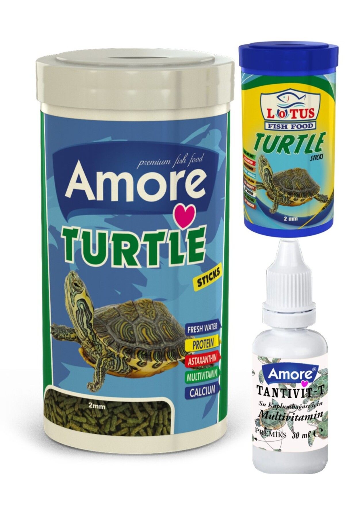 AMORE Turtle Green Sticks 250ml + 100ml Kutu Kaplumbağa Yemi Ve 30cc Maxiturtle Multivitamin