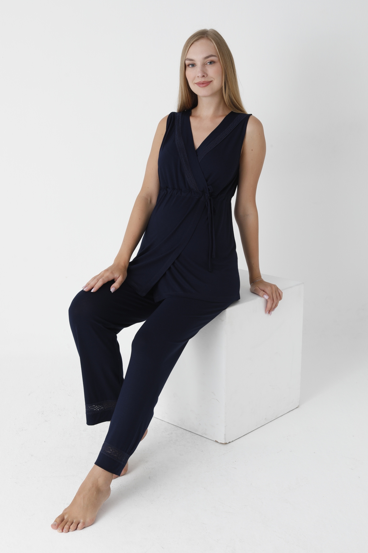 Miss Dünya Lissa Önden Bağlamalı Dantel Detaylı Kolsuz Hamile ve Lohusa Pijama Takımı fotoğrafı 4 (önizleme)