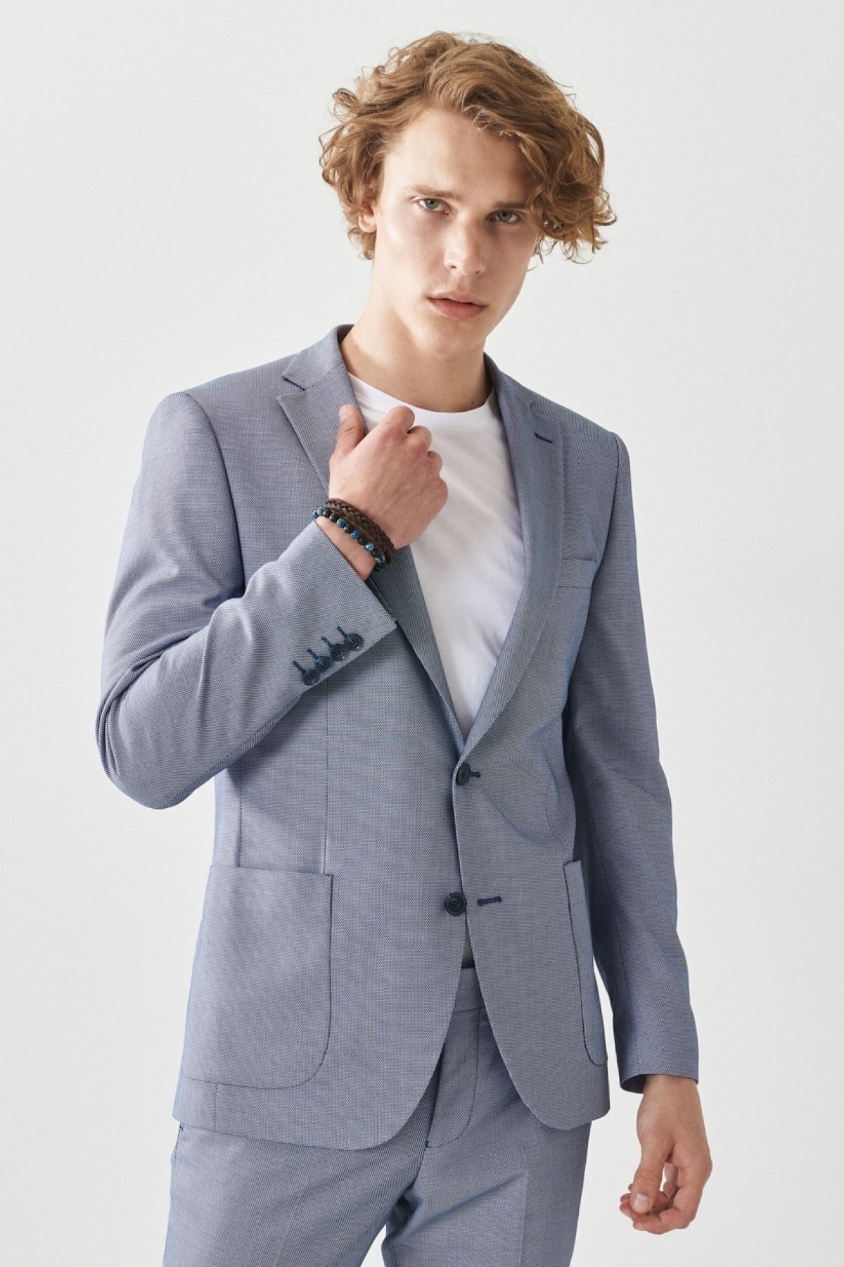 Erkek Lacivert-beyaz Ekstra Slim Fit Dar Kesim Mono Yaka Klasik Takım Elbise