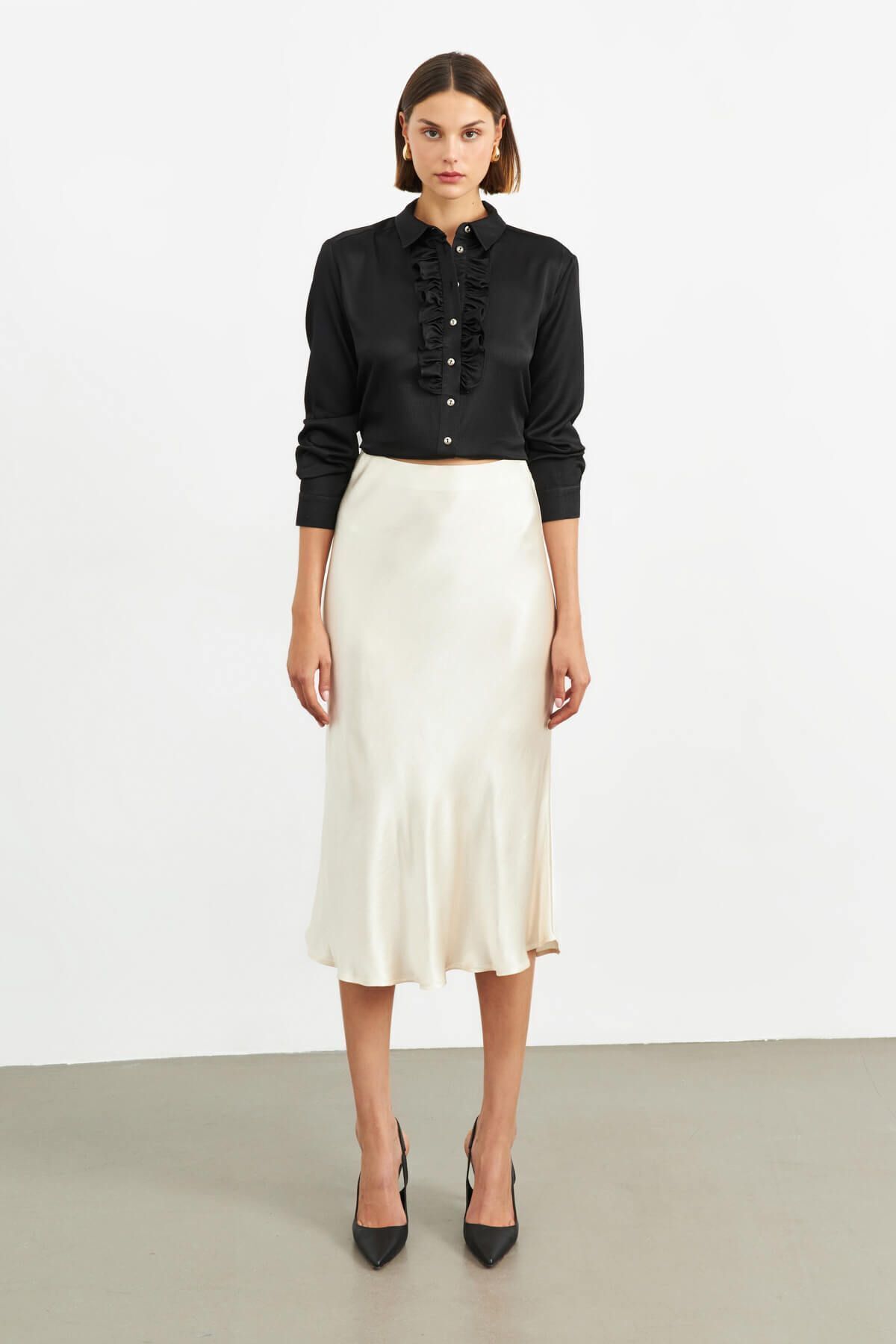 STELLA PULVIS  Ekru Beli Lastikli Midi Saten Etek - Görsel 4