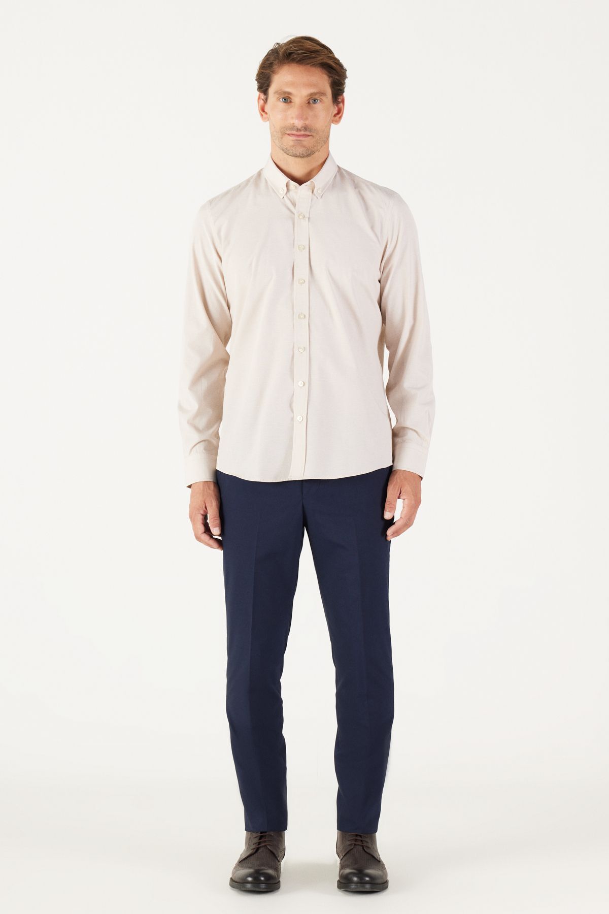 AC&Co / Altınyıldız Classics-Pánská béžová Slim Fit úzký střih Oxford Button Collar Gingham Cotton Shirt 5