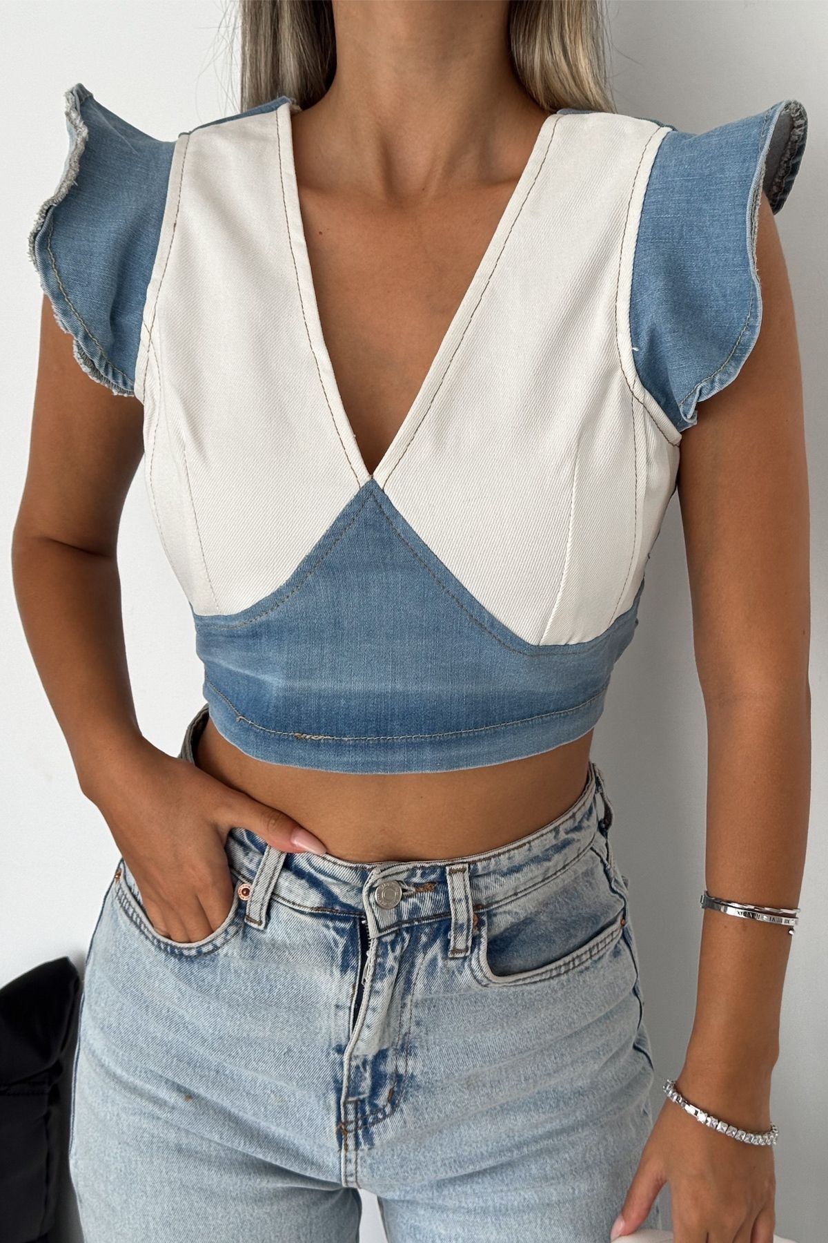 FEMELLE-Blue Zippered Women's Crop Jeans Blouse 2