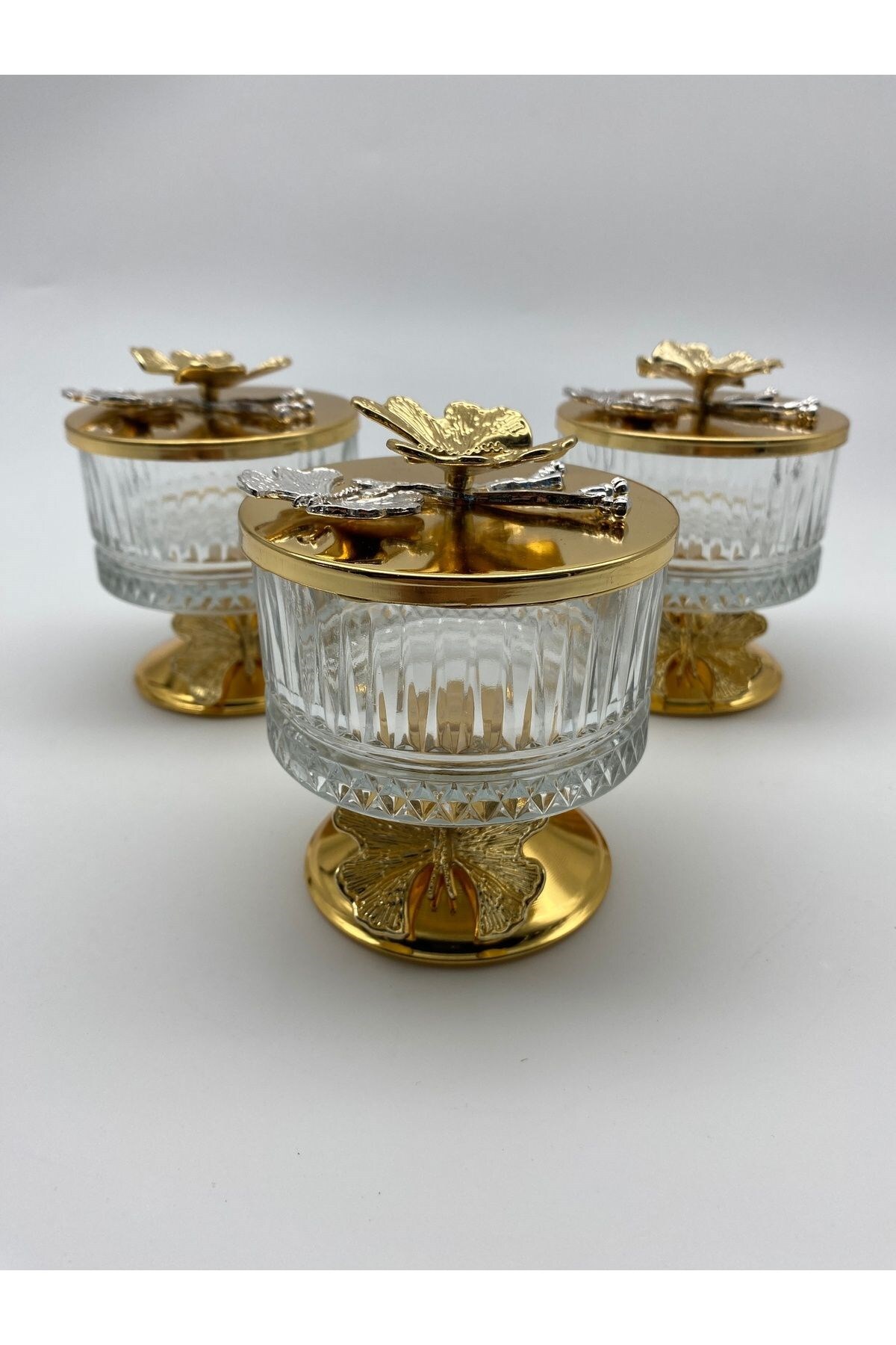 3-Piece Gold Elysia Glass Magnolia Bowl with Legs, Butterfly Lid Ice Cream Dish, Sugar Bowl, Snack Bowl