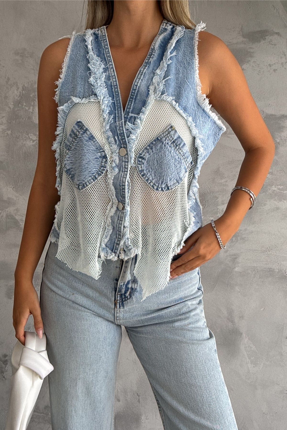 FEMELLE Blue Denim Vest Pockets and Mesh Detail Trendyol