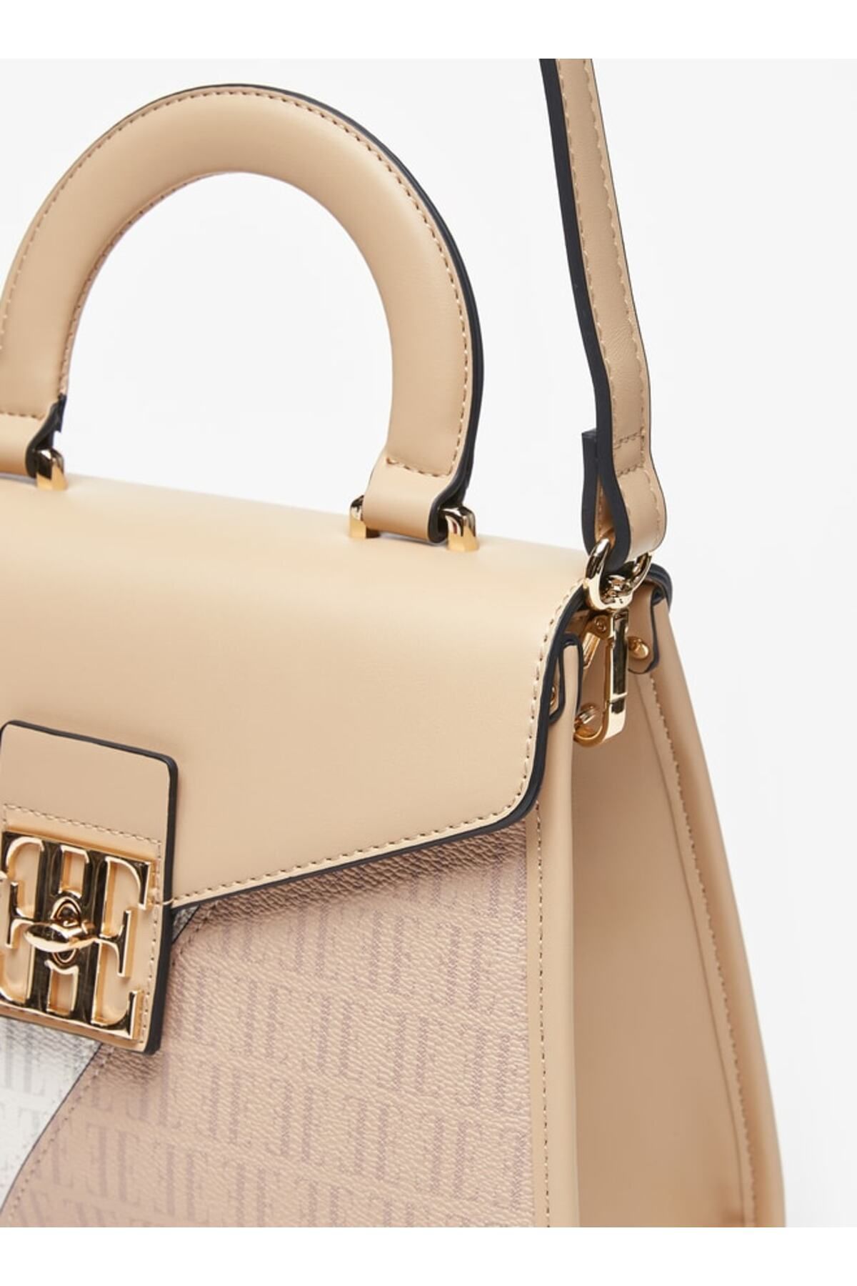 ELLE-Colourblock Monogram Print Satchel Bag with Top Handle and Twist Clasp 3