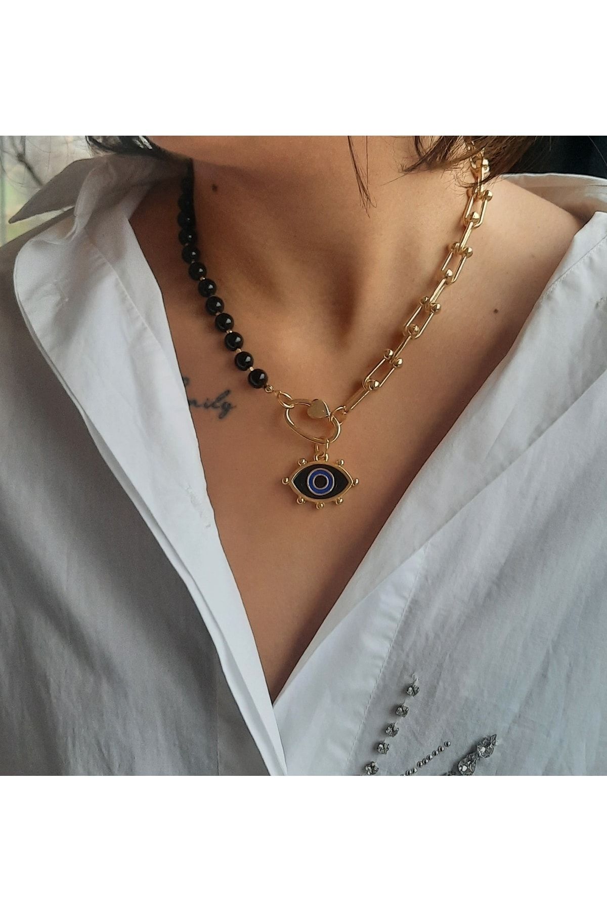 By Saadet Ozkanl Tiffany Chain Enameled Eye Black Onyx Necklace 42 Cm Natural Stone Design Evil Eye Necklace Trendyol