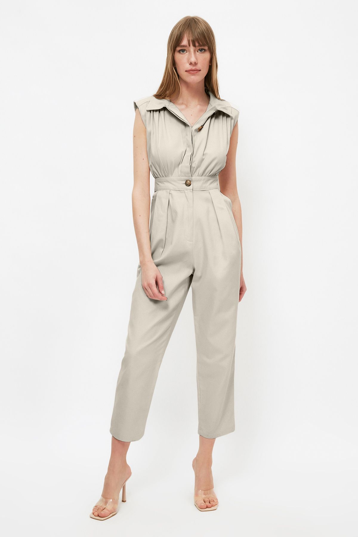 Trendyol Collection-Ärmelloser Jumpsuit aus Gabardinegewebe mit Hemdkragen in Stein TWOSS21TU0233 5
