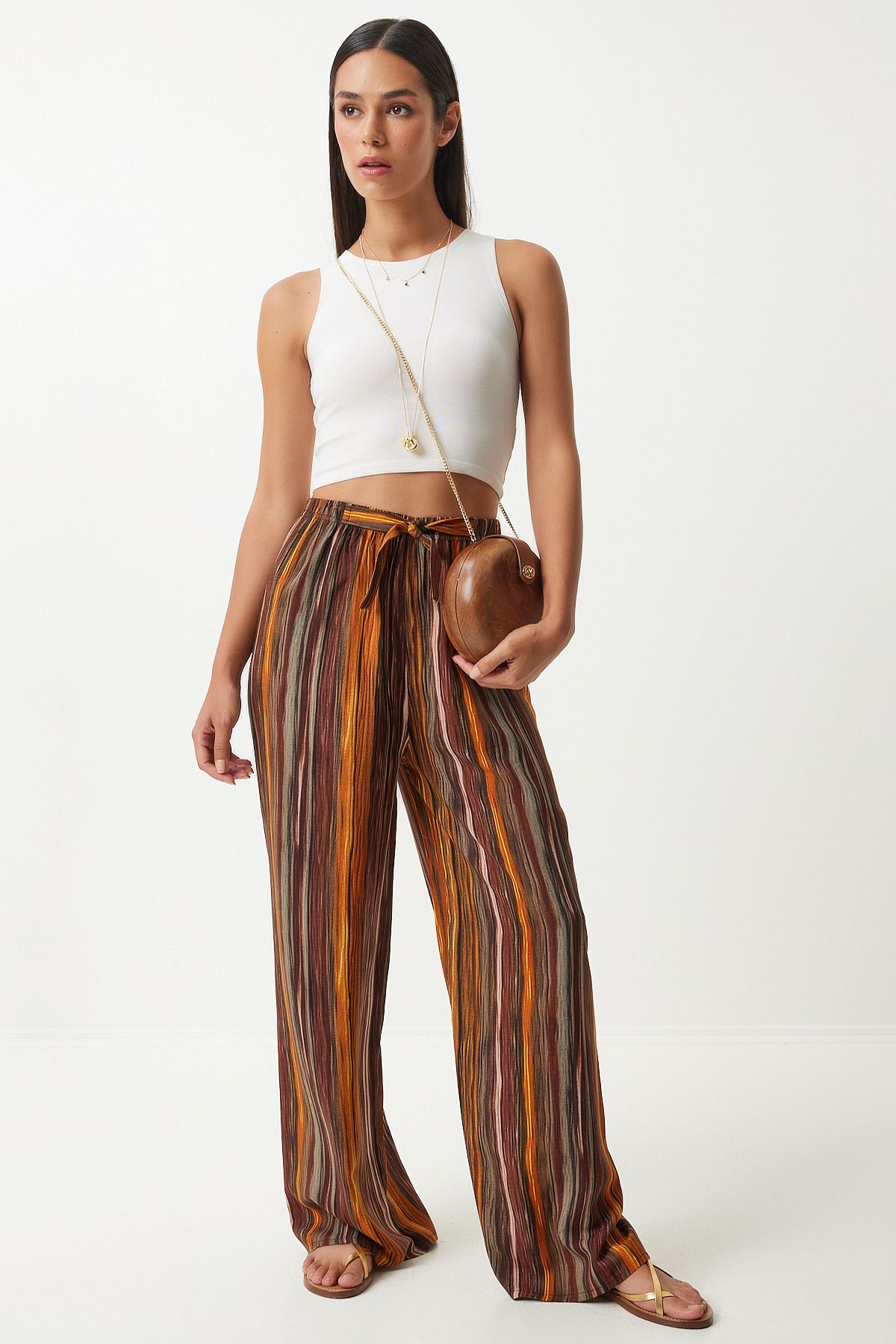 pantalon palazzo drapé en viscose à motifs marron pour femmes en00606