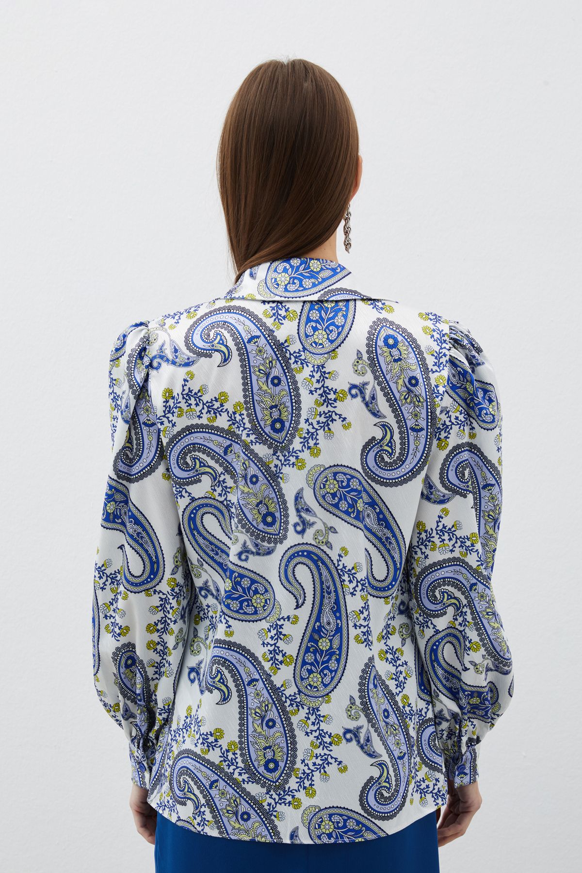 Sateen-SAX BLUE Fluffy Sleeve Patterned Shirt 5