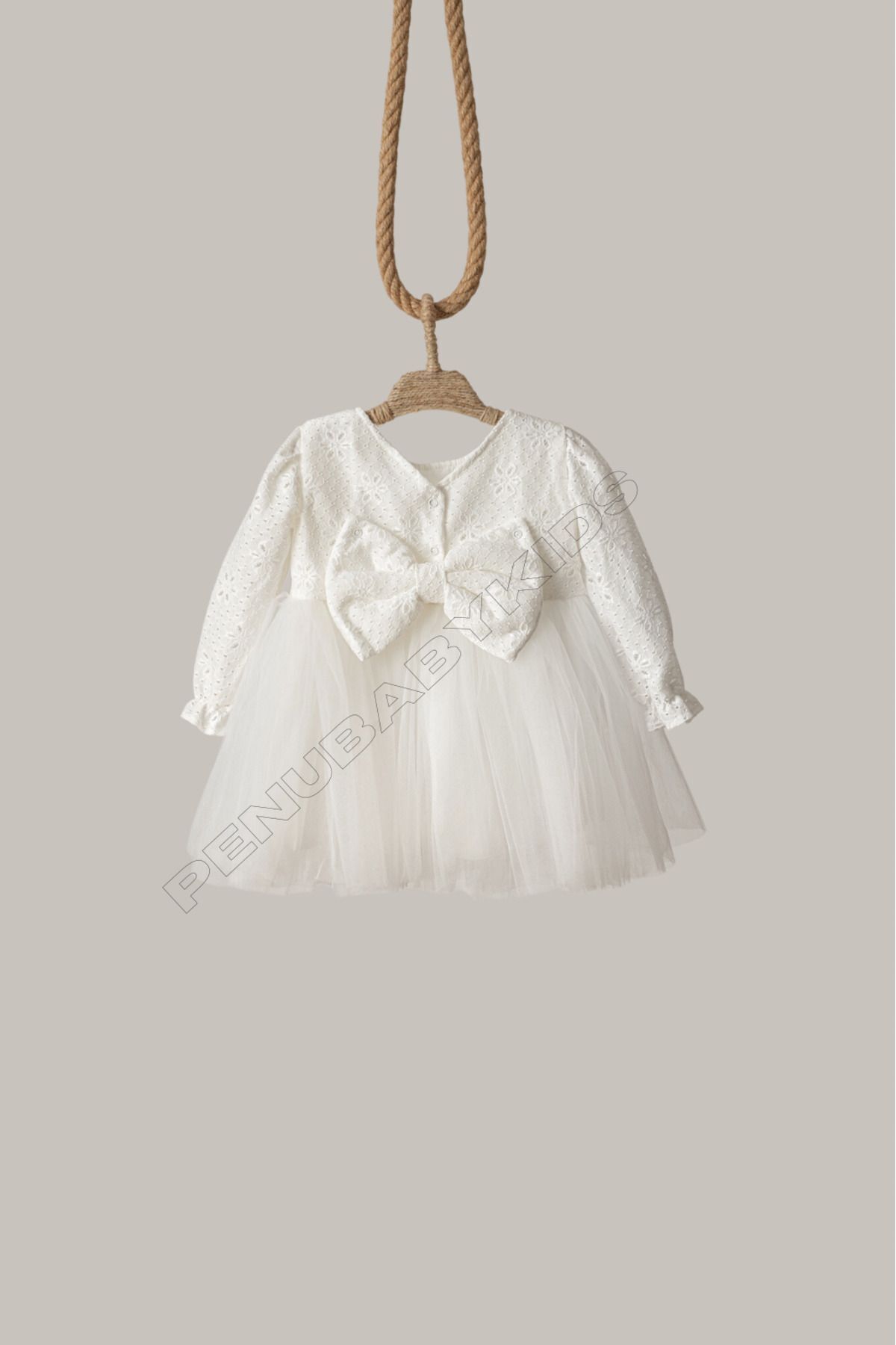 penu baby kids Beyaz Fisto Detaylı Tül Etekli Uzun Kol Kız Bebek Elbise fotoğrafı 7 (önizleme)