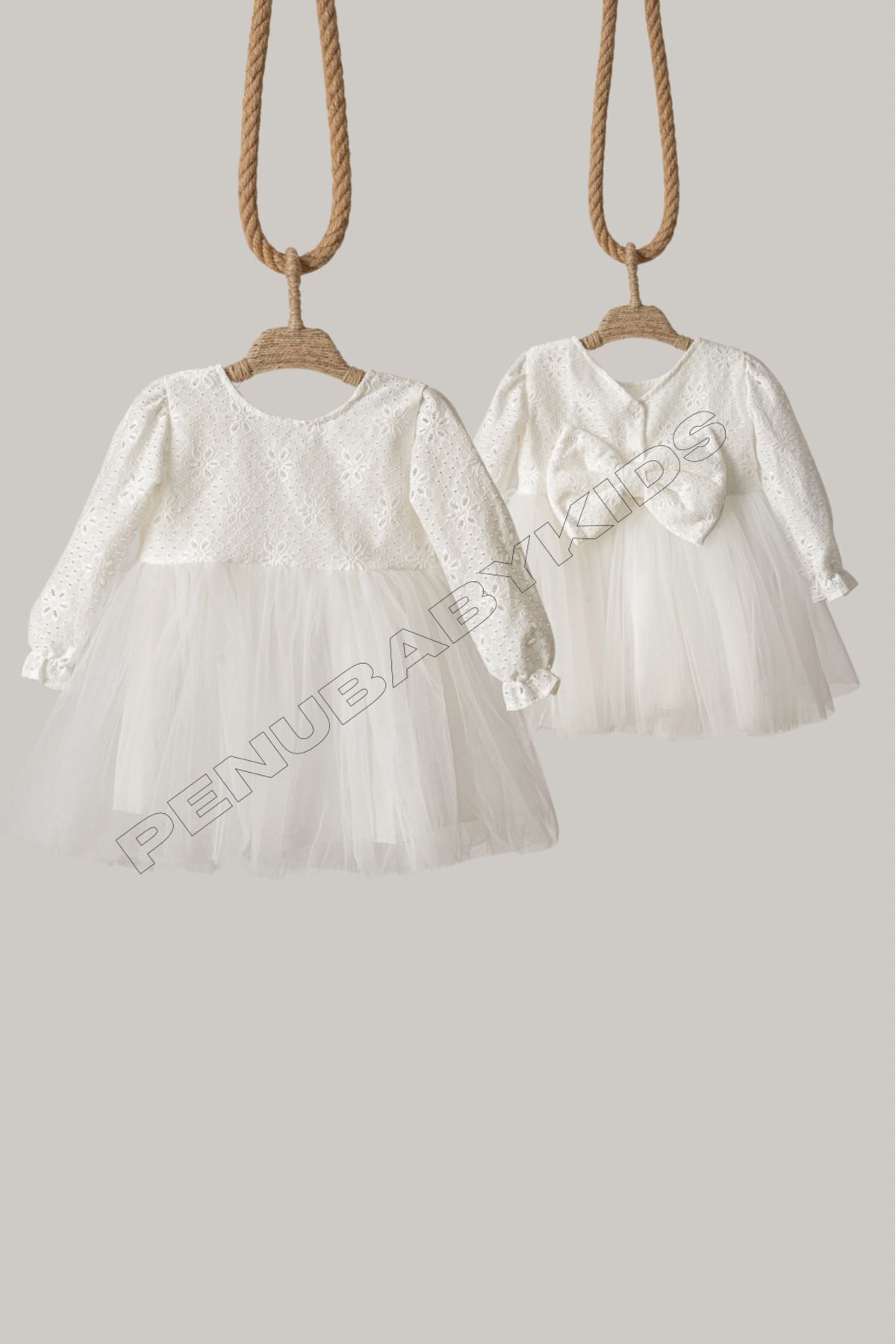 penu baby kids Beyaz Fisto Detaylı Tül Etekli Uzun Kol Kız Bebek Elbise fotoğrafı 5 (önizleme)