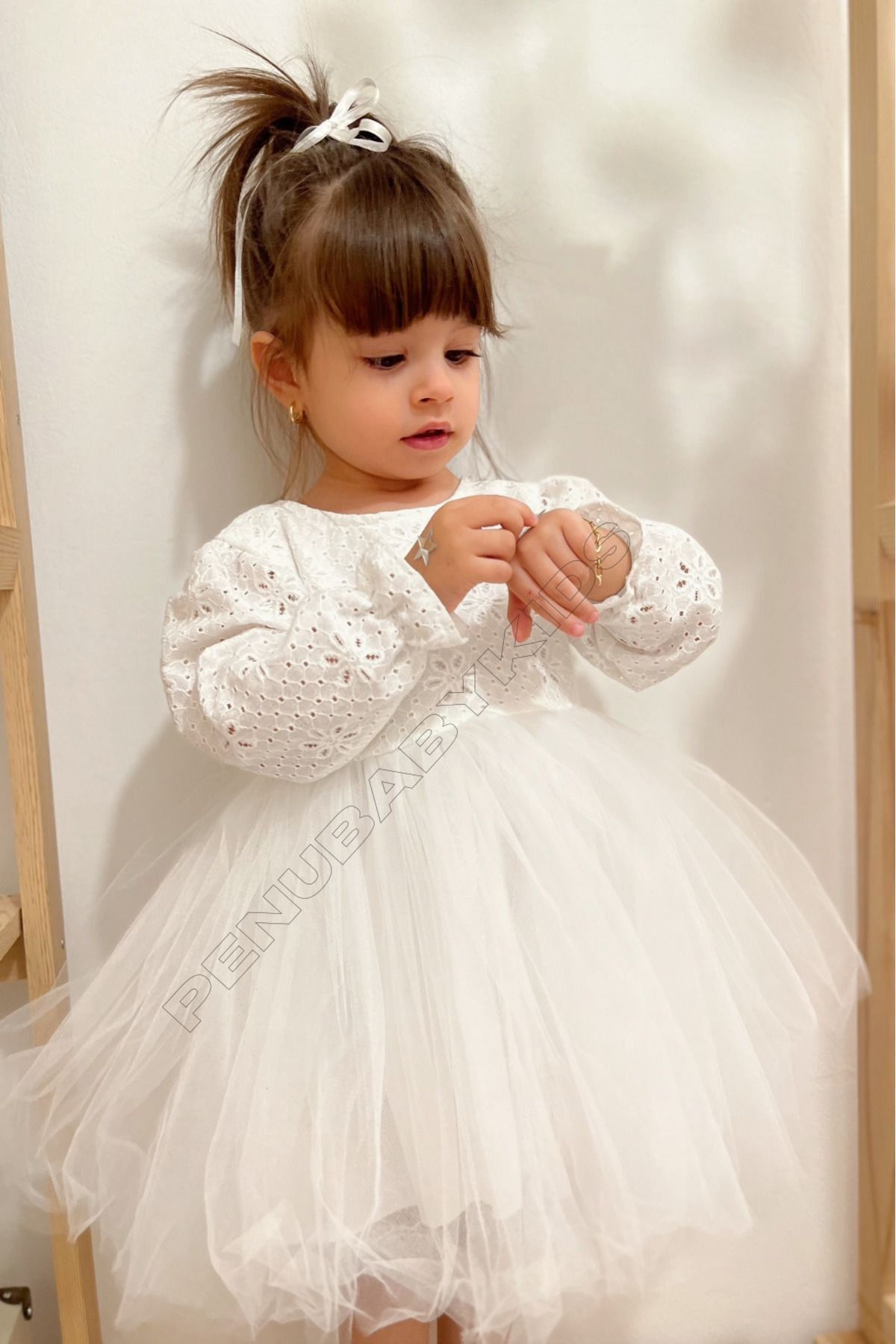 penu baby kids Beyaz Fisto Detaylı Tül Etekli Uzun Kol Kız Bebek Elbise fotoğrafı 4 (önizleme)
