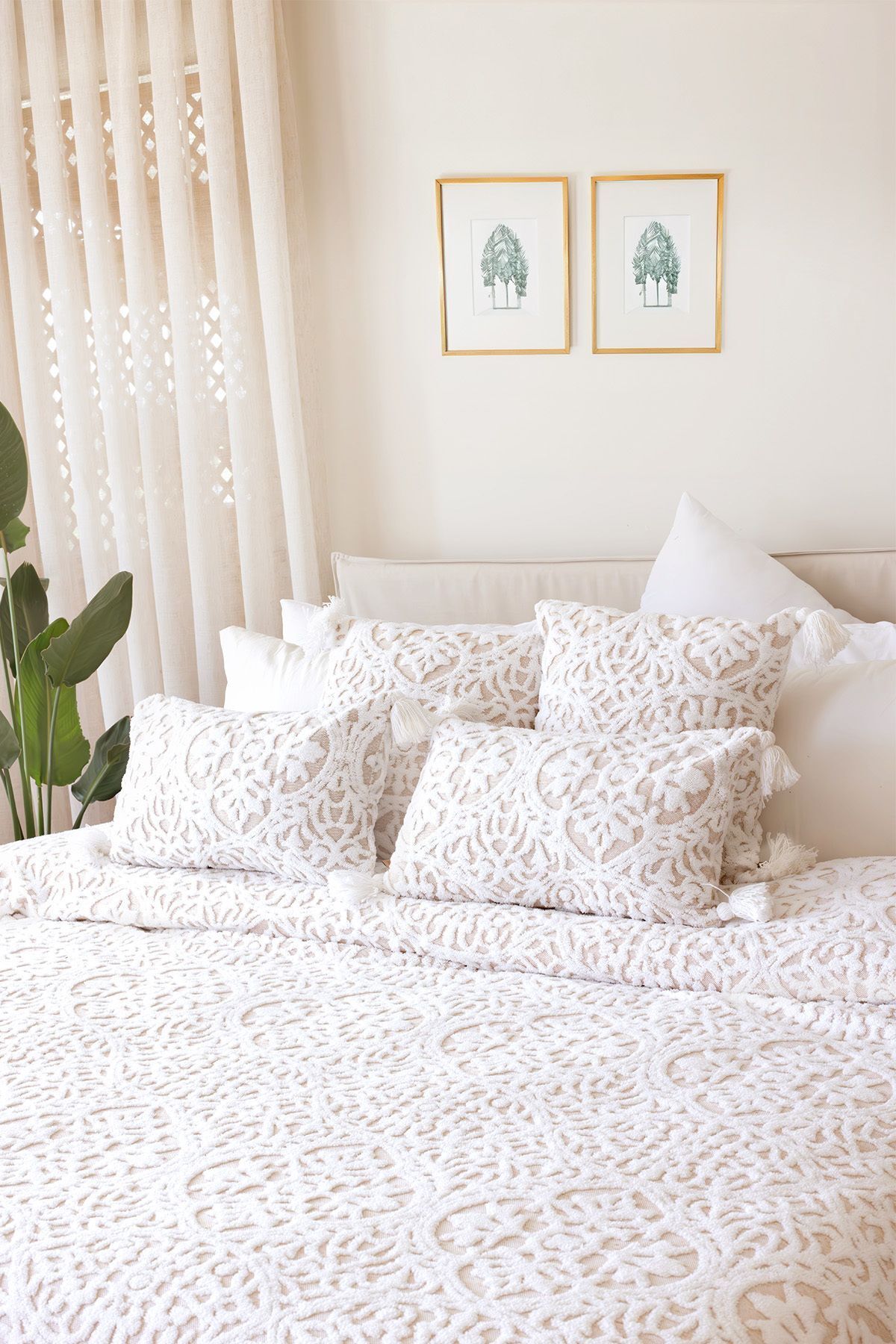 HAMUR-Beige Bohemian Punch Ponch Patterned Double Bedspread Set 4