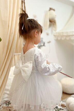 penu baby kids Beyaz Fistolu Tütü Etekli Uzun Kol Kız Bebek Elbise - Tuana