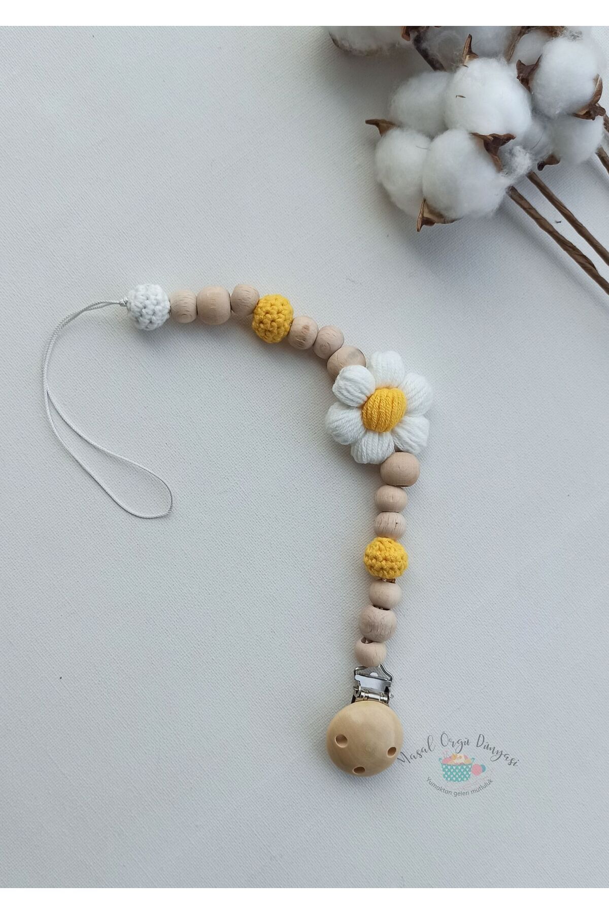 Masal Örgü Dünyası Papatyalı Boncuklu Emzik Zinciri / Askısı Doğal Amigurumi İplerinden fotoğrafı 3 (önizleme)