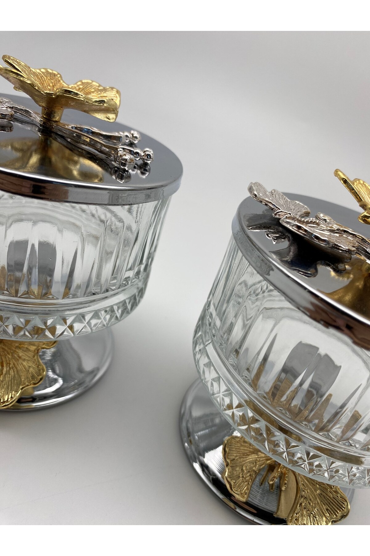 Set of 2 Silver Elysia Glass Magnolia Bowls with Legs, Butterfly Lid Ice Cream Dish, Sugar Bowl, Snack Bowl