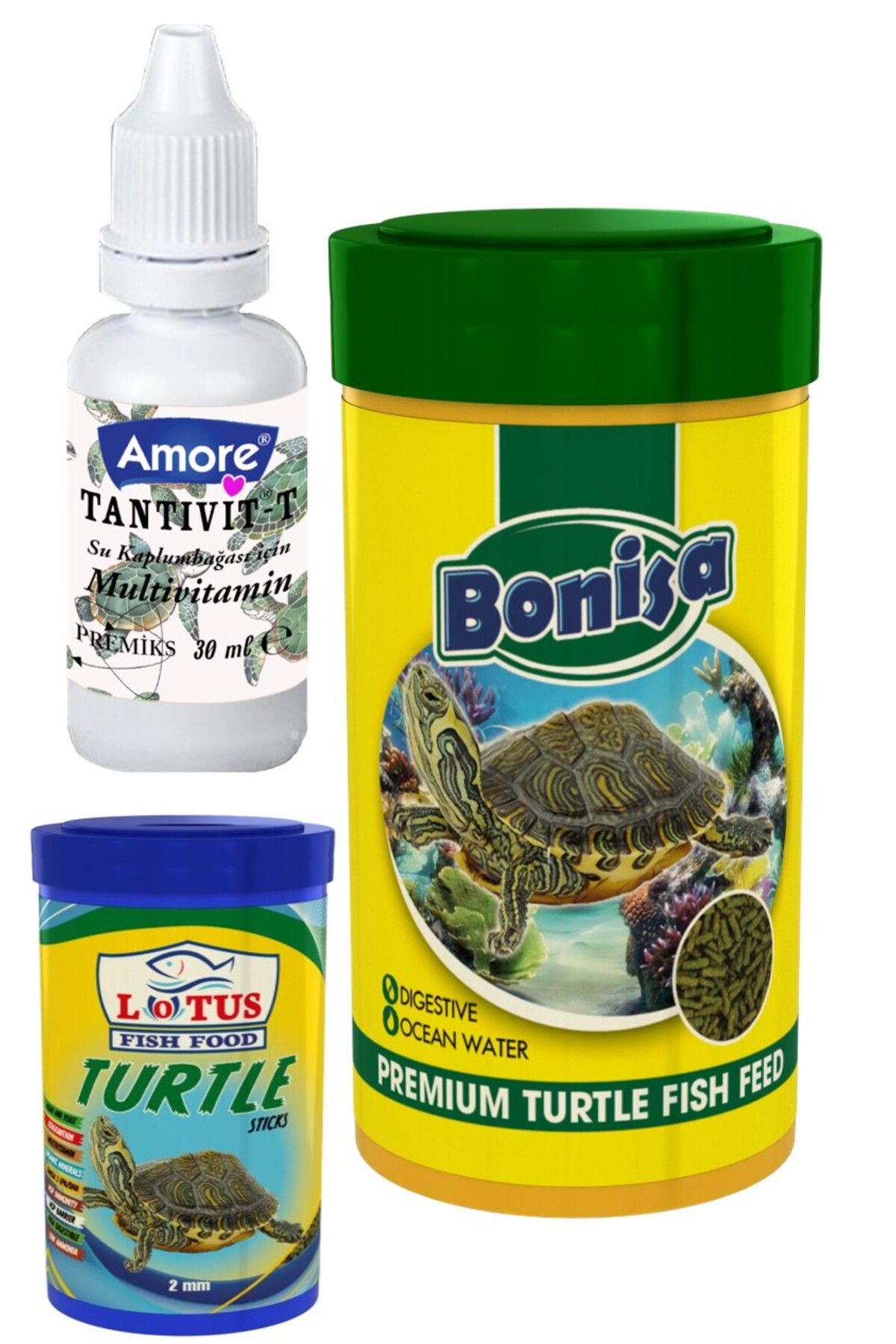 Lotus Turtle Sticks 100ml, Bonisa 250ml Kaplumbağa Yemi, Multivitamin Seti