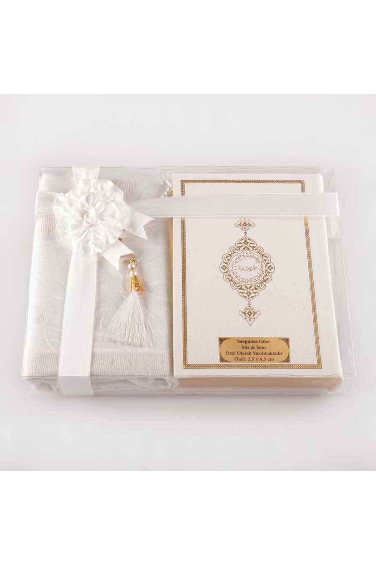 Prayer rug + Rosary + Quran Gift Set (hafiz Size, White)