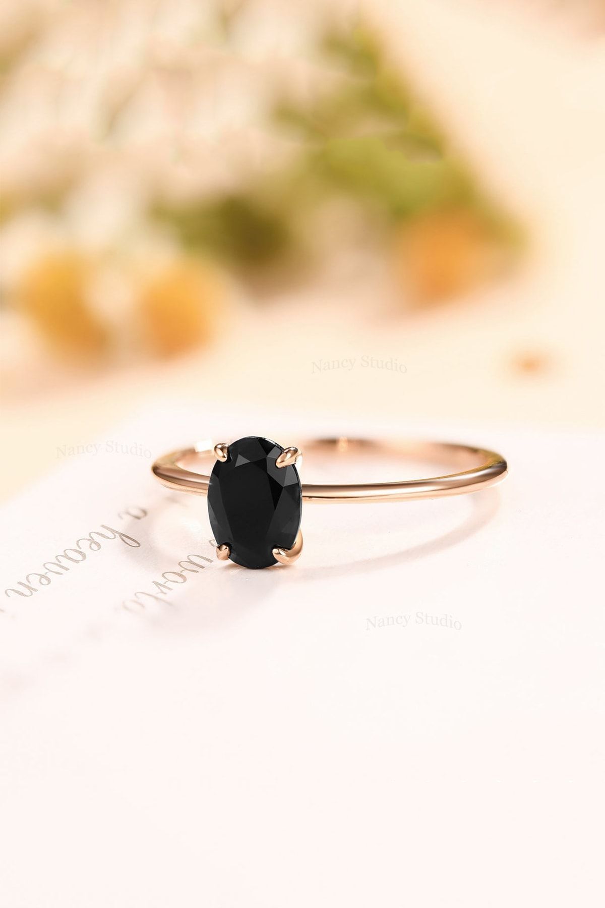 Oval Dişli Model Siyah Zirkon Taşlı 14k Rose Altın Kaplama Kadın Yüzük 2