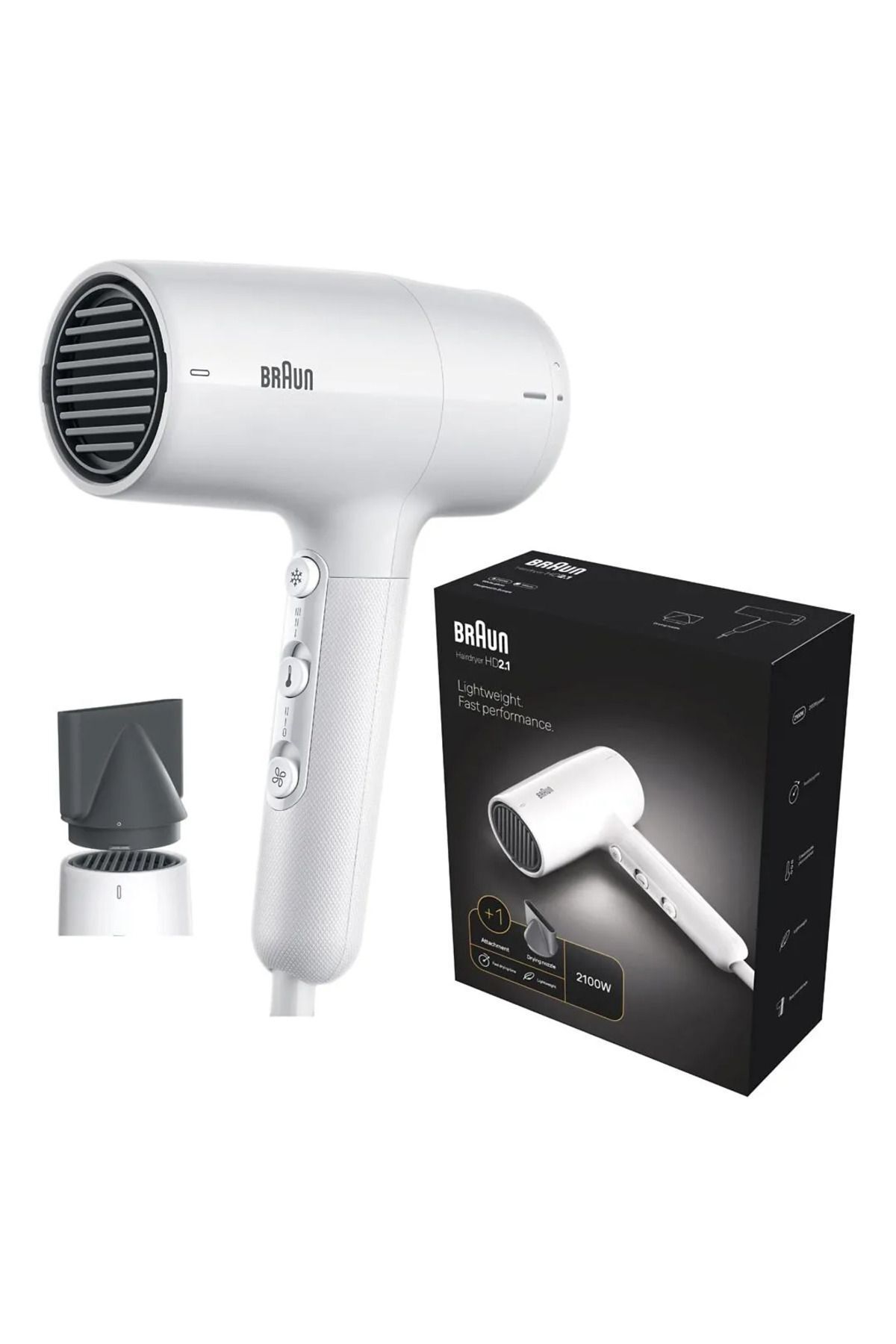 Braun-Hair Dryer 2100 Watts, Mechanical press switch, Pivot cord guard, Nozzle - HD2.10SDE 1