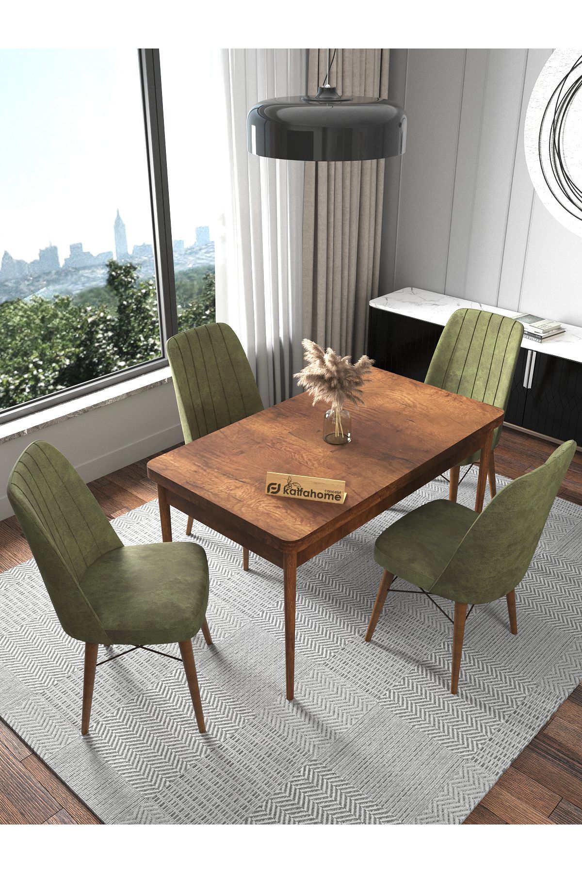Kaffahome Fixed Barok 70x110 cm , 4 Kişilik Sabit Yemek Odası Takımı - Haki