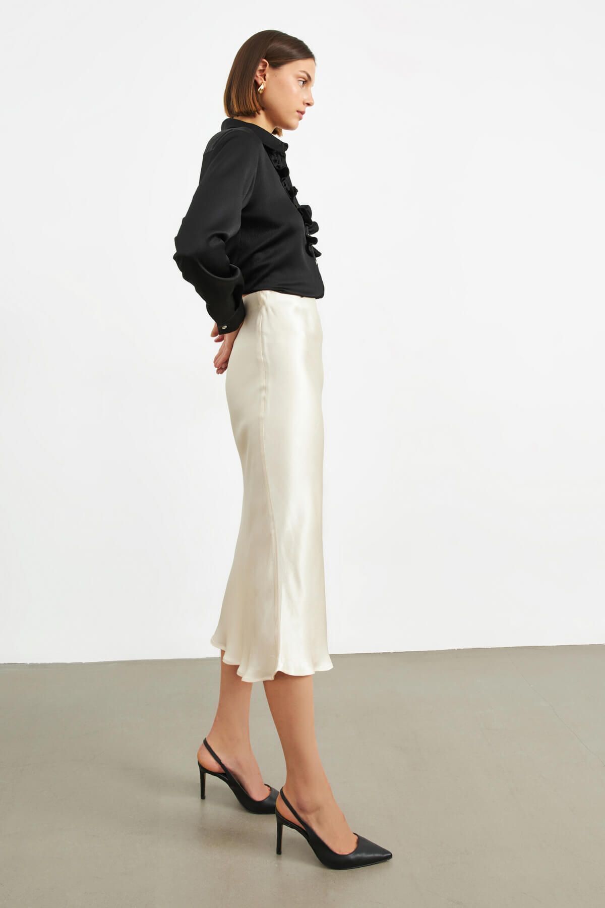 STELLA PULVIS  Ekru Beli Lastikli Midi Saten Etek - Görsel 7