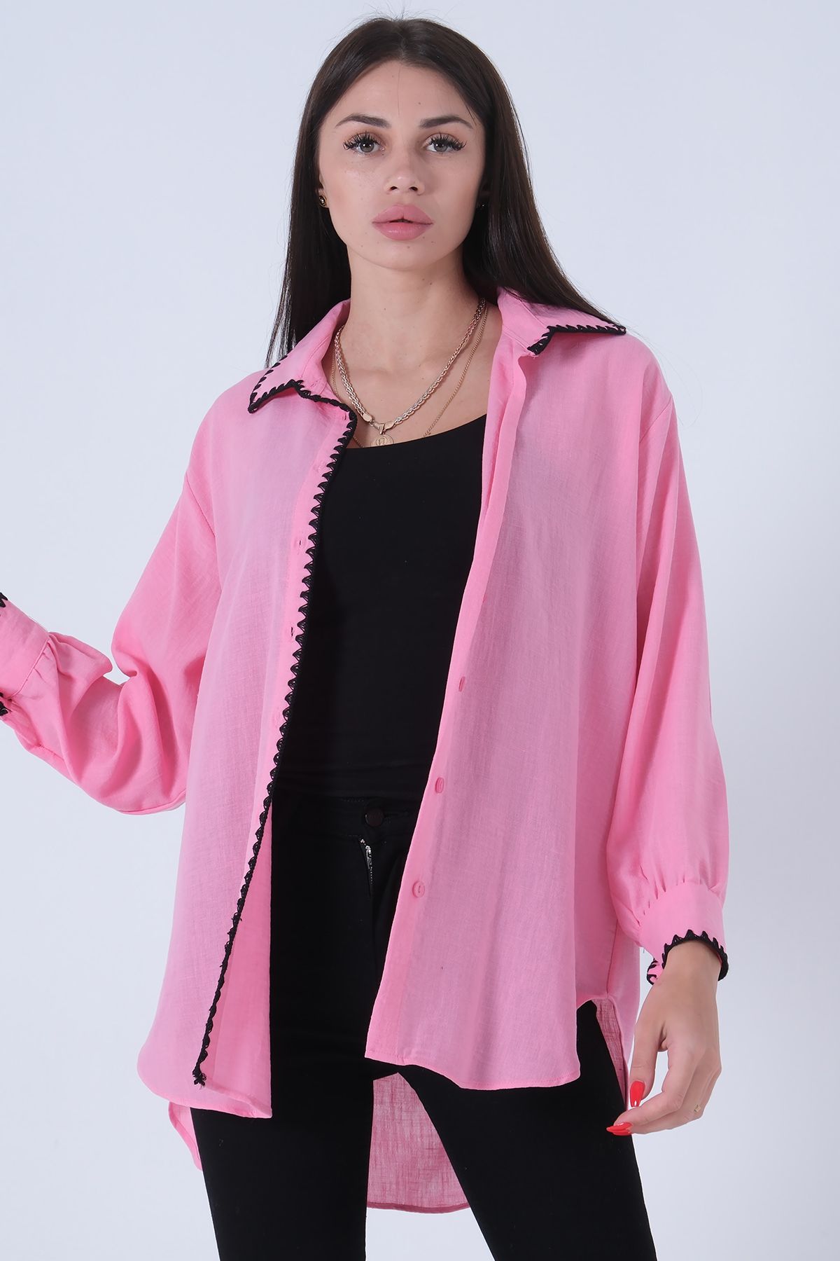 Feminist-Guler Manșetă Plachetă față Broderie Detaliată Tunica Roz3972952 3