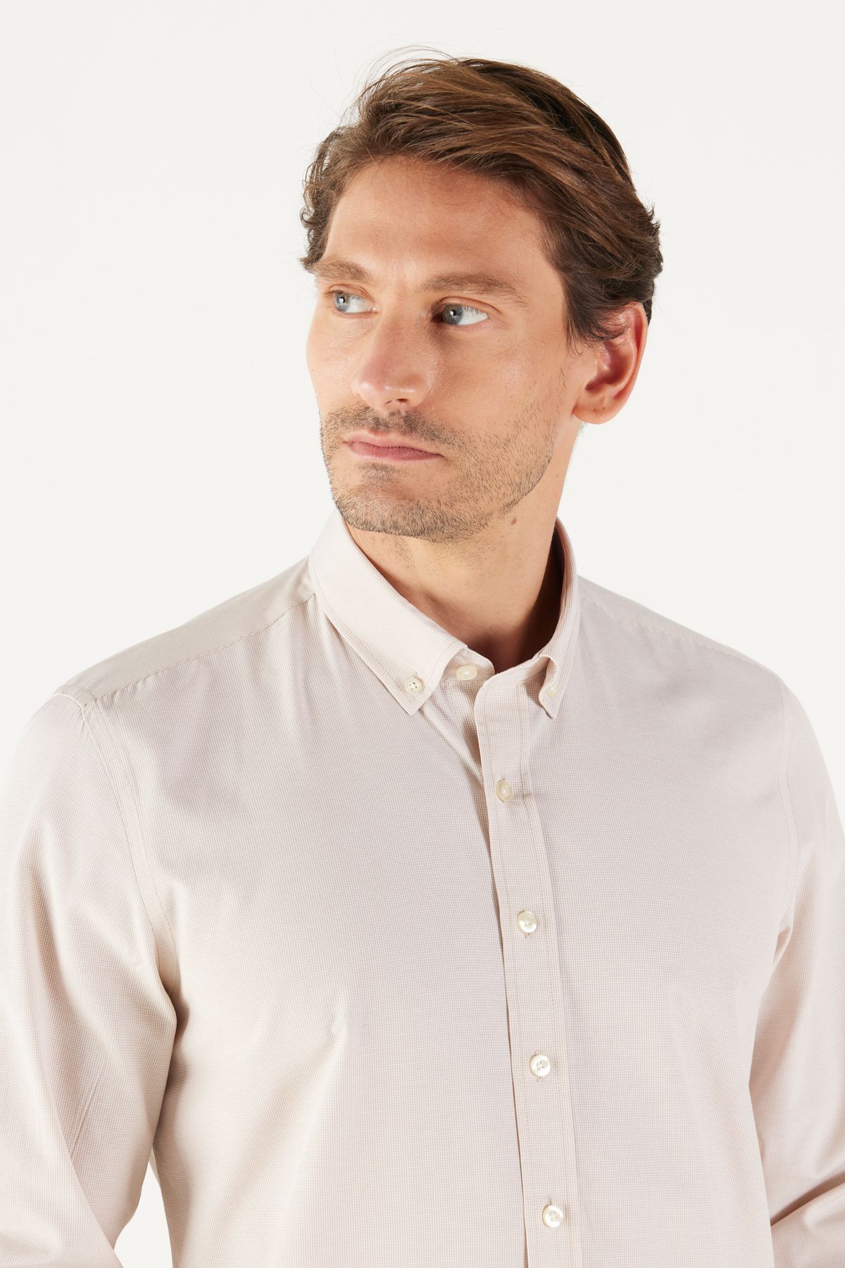 AC&Co / Altınyıldız Classics-Pánská béžová Slim Fit úzký střih Oxford Button Collar Gingham Cotton Shirt 2