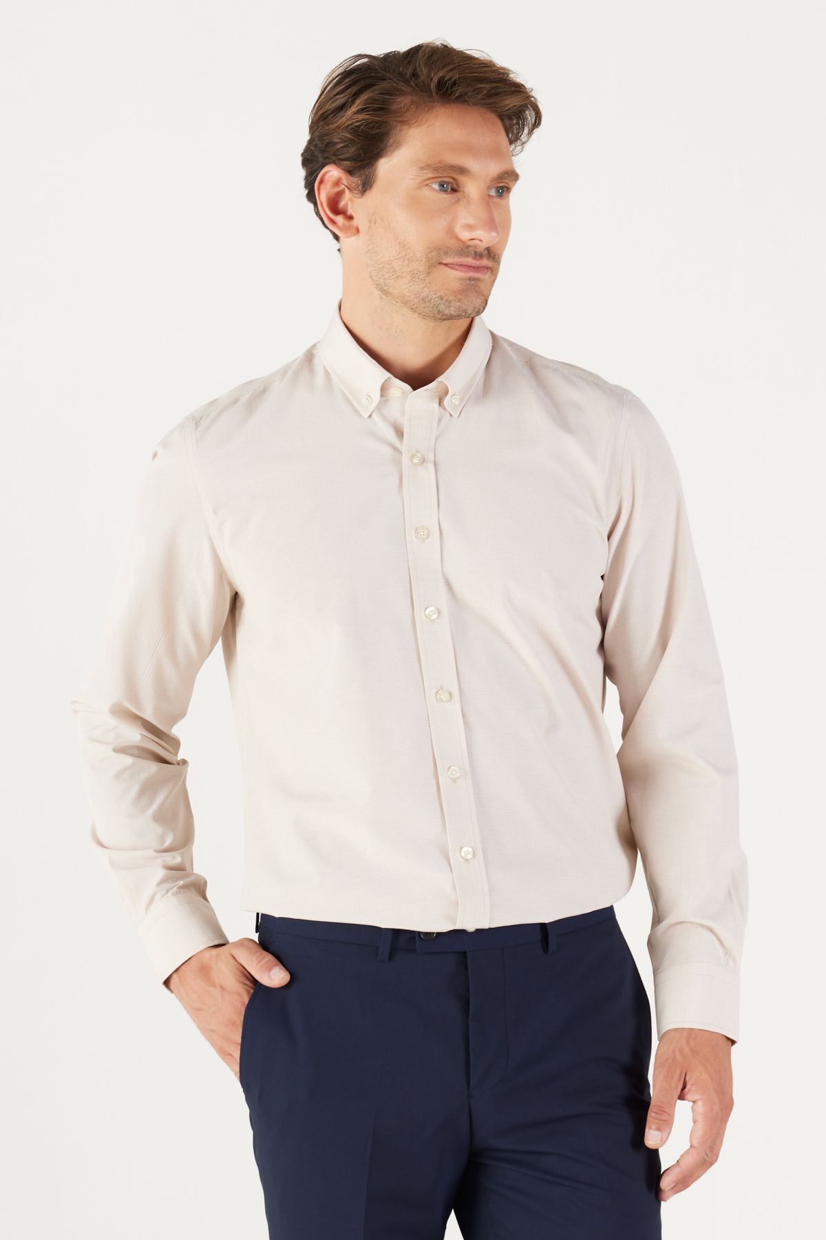 AC&Co / Altınyıldız Classics-Pánská béžová Slim Fit úzký střih Oxford Button Collar Gingham Cotton Shirt 4
