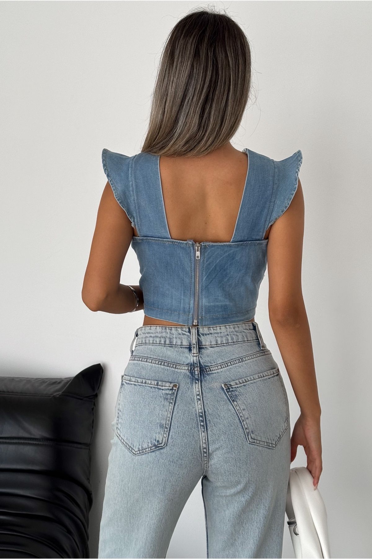 FEMELLE-Blue Zippered Women's Crop Jeans Blouse 3