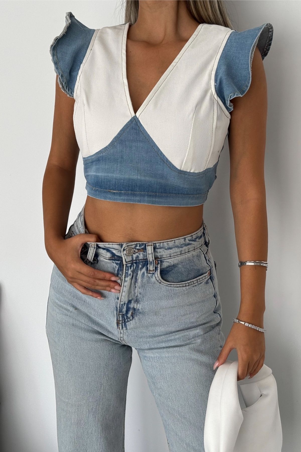 FEMELLE-Blue Zippered Women's Crop Jeans Blouse 6