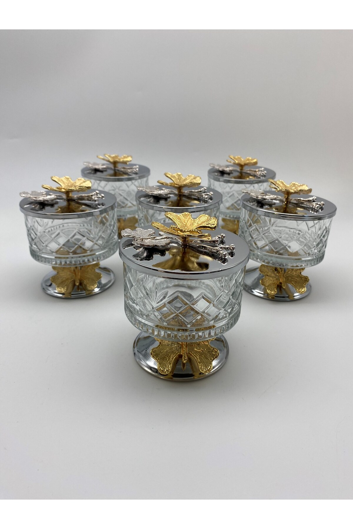 6-Piece Silver Timeless Glass Magnolia Bowl with Butterfly Lid, Ice Cream Dish, Sugar Bowl, Snack Bowl