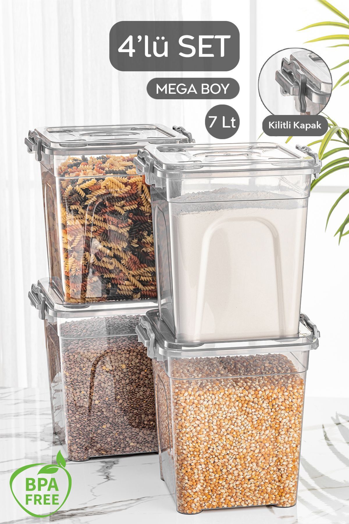 Meleni Home-4-Piece Mega Size Lockable Lid Flour and Bowl Storage Container - Erzak Container - Pantry Material Box 4x7 Lt 5