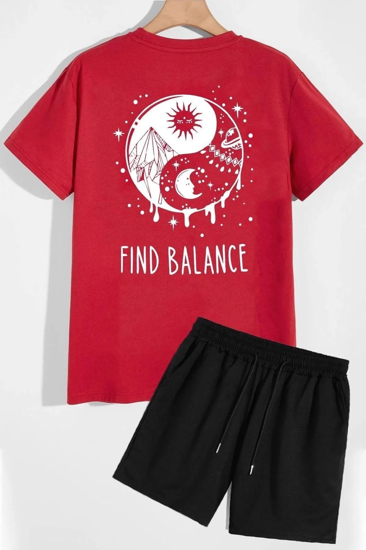 SIRT BASKLI EŞOFMAN TAKIMI - ŞORT T-SHIRT TAKIM
