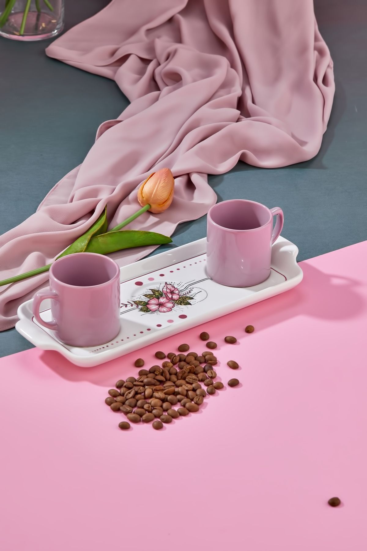 Babion-3-Piece Turkish Coffee Cup Set for 2 People with Presentation Plate, Presentation Set 3
