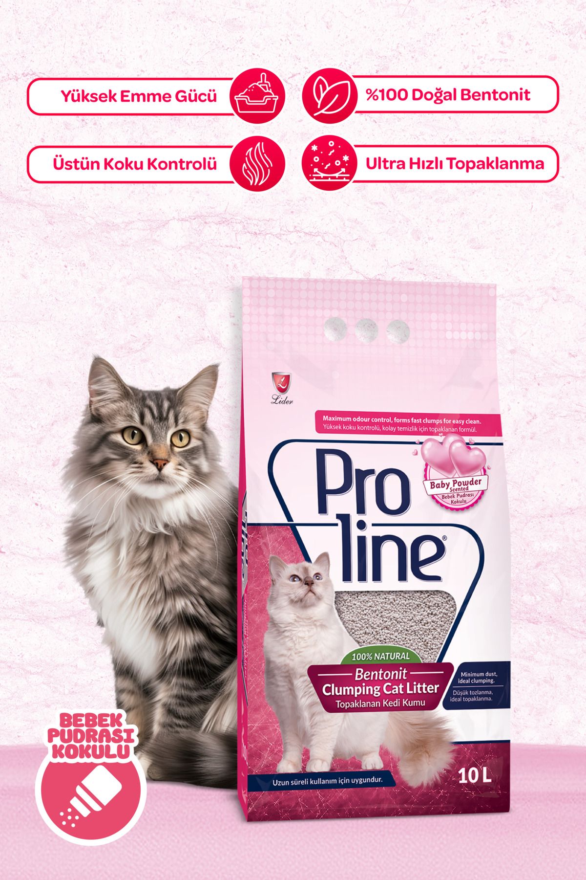 Proline Bebek Pudralı Topaklanan Bentonit Kedi Kumu Kalın 10 Lt