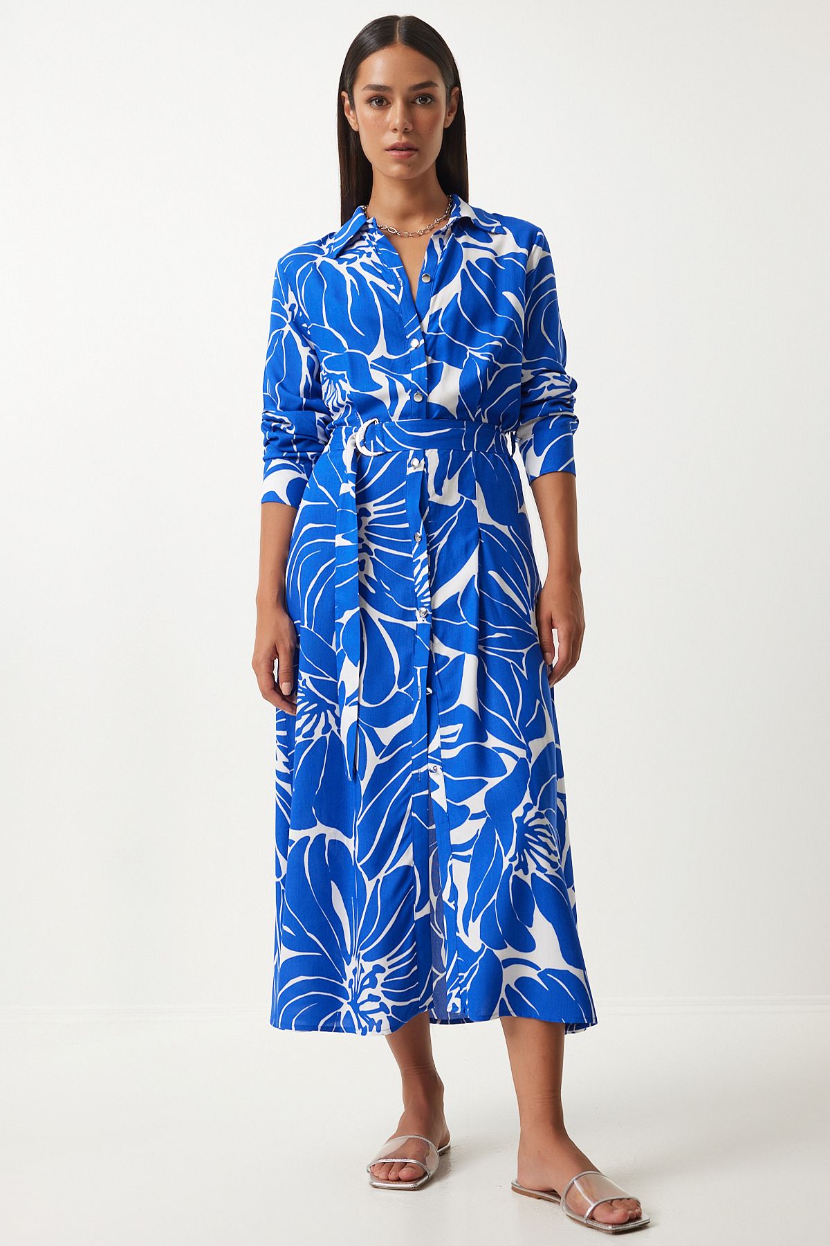 Happiness İstanbul-Blau-weißes Viskose-Hemdkleid – mit Gürtel, FN03204 3