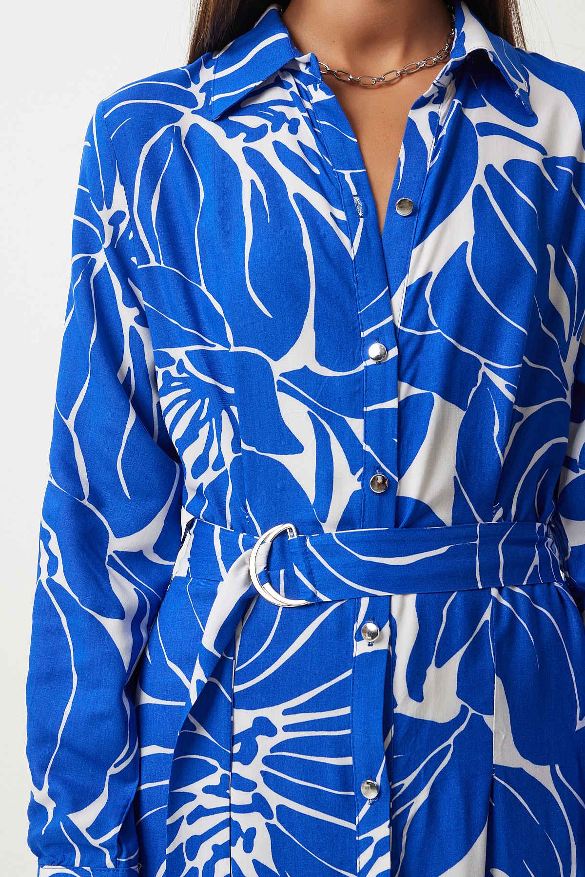 Happiness İstanbul-Blau-weißes Viskose-Hemdkleid – mit Gürtel, FN03204 4