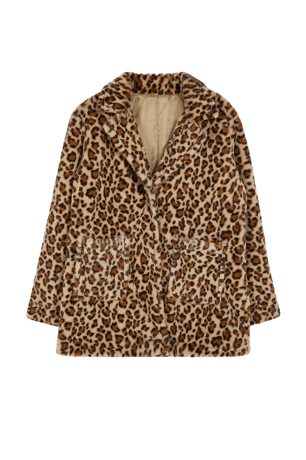Trendyol Curve-Leopard Patterned Soft Buttoned Fur Coat - Brown, Regular Fit TBBAW25DD00003 6