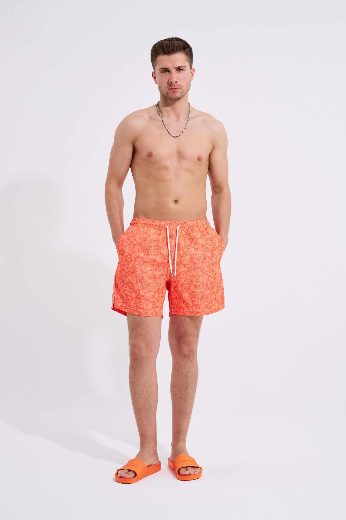 شلوار شنای نارنجی پرینت ماهی مردانه