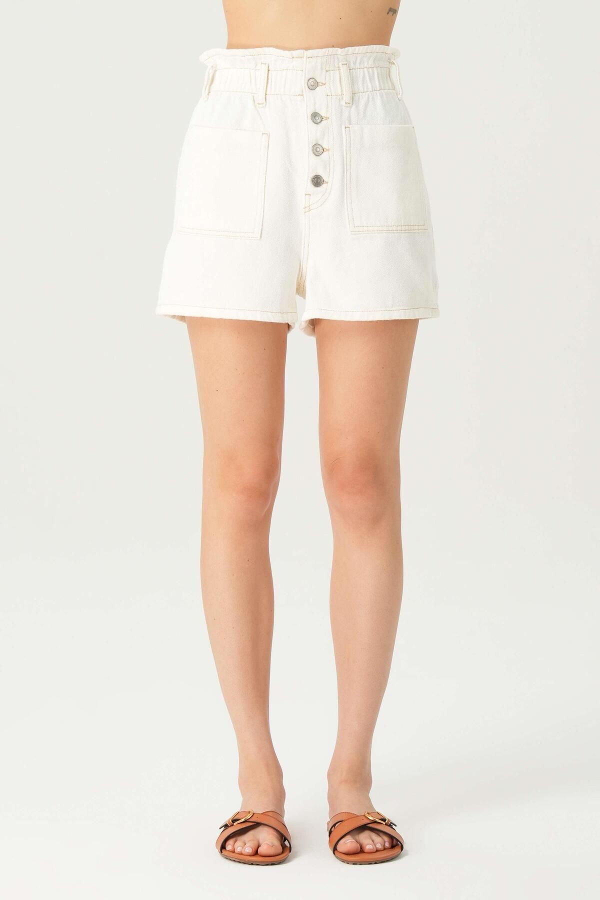 CROSS JEANS-High Waist Ecru Jean Shorts - Patty Button, Elastic, C 4534-100 2