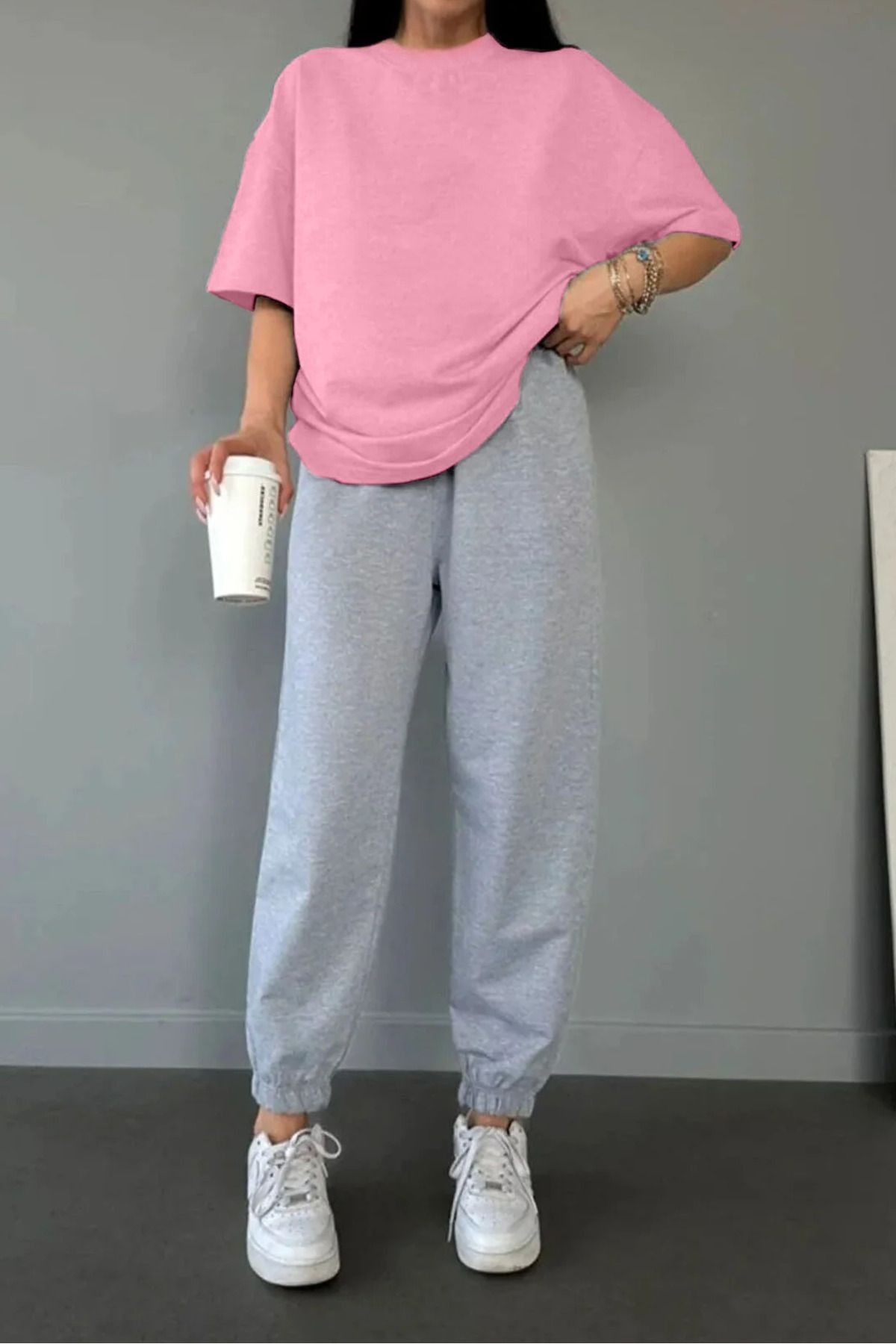Women's Pink Plain Oversize T-shirt Jogger Set