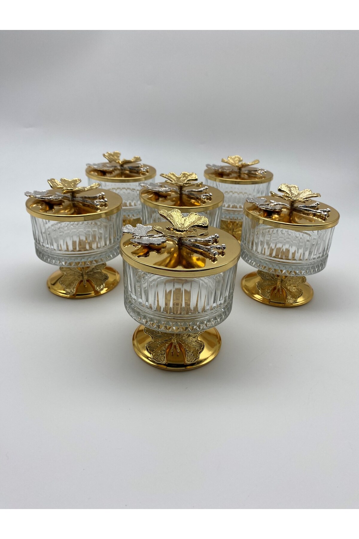 6-Piece Gold Elysia Glass Magnolia Bowl with Butterfly Lid, Ice Cream Dish, Sugar Bowl, Snack Bowl