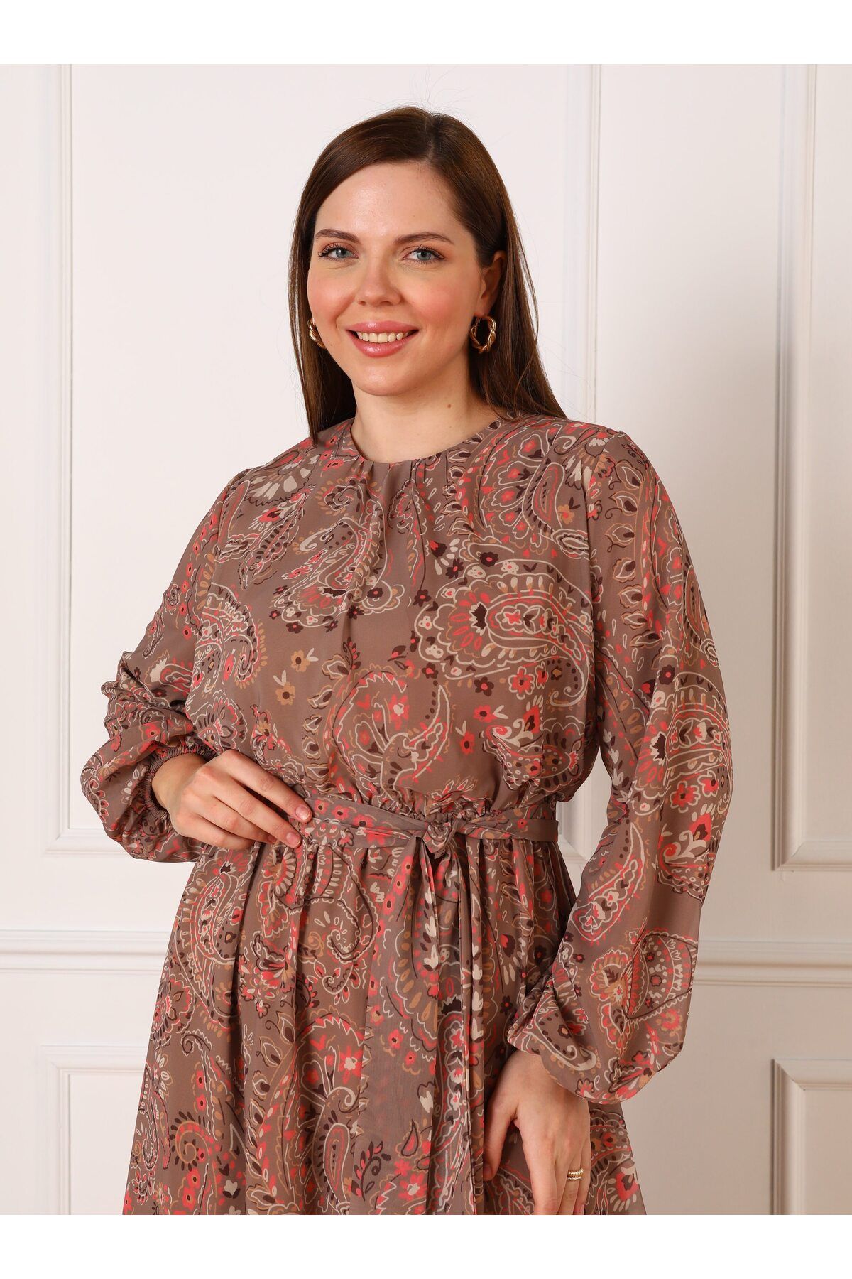 ALİA-Plus Size Chiffon Dress - Shawl Pattern, Camel Color - Alia 2
