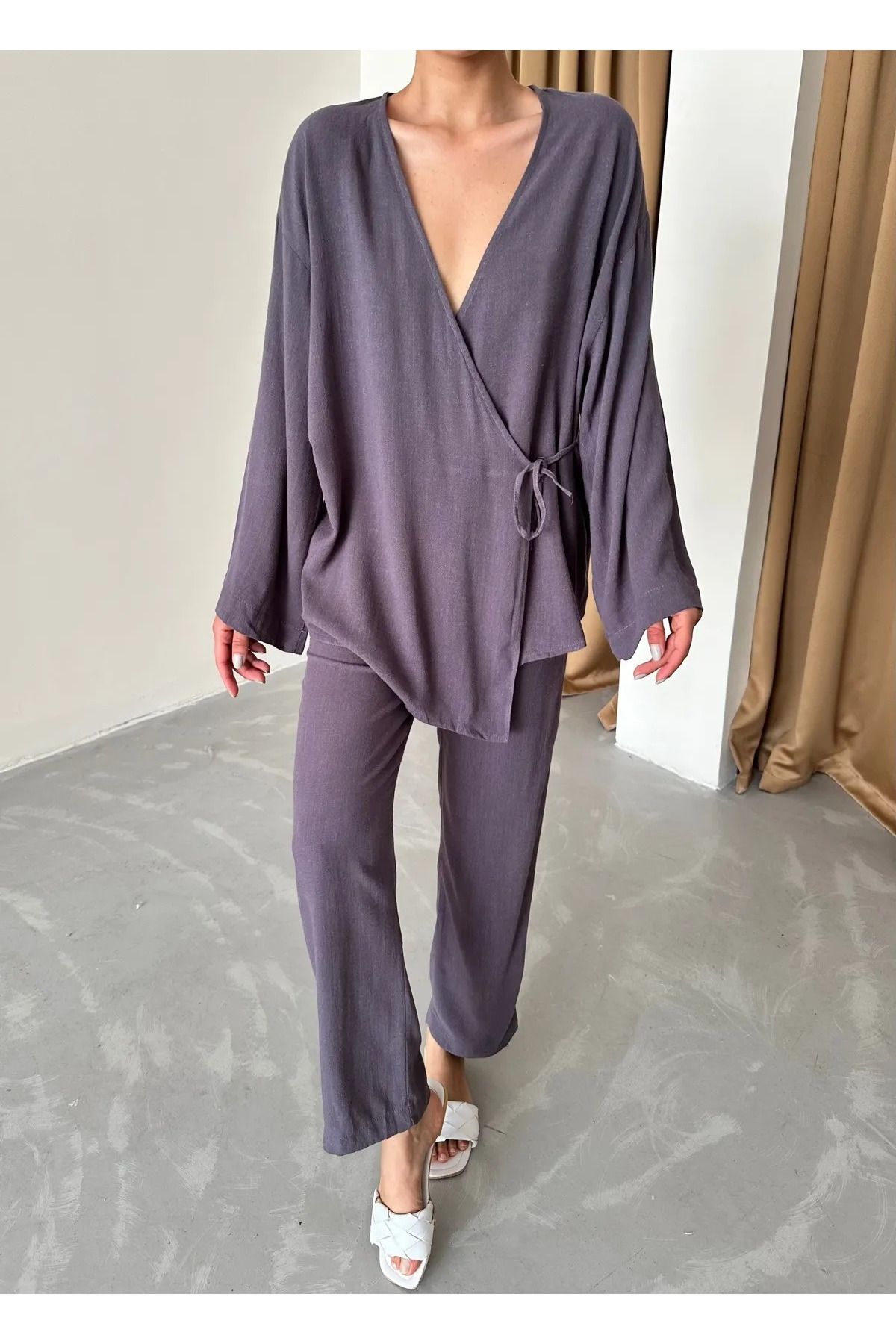 My Blog Antracytowy Bawełniany Zestaw Kimono Dwurzędowych Z Wiązaniem Po Bokach Kobieta - M