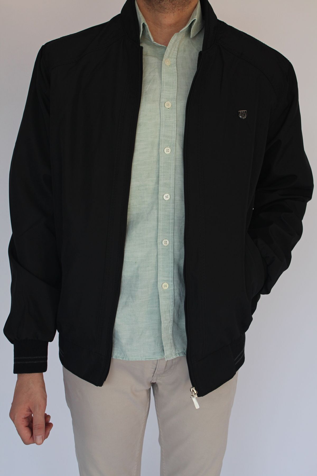 NASIFOĞLU GİYİM-Men's Black Seasonal Coat College Collar Waterproof Dad Coat Spring Bomber Jacket 5
