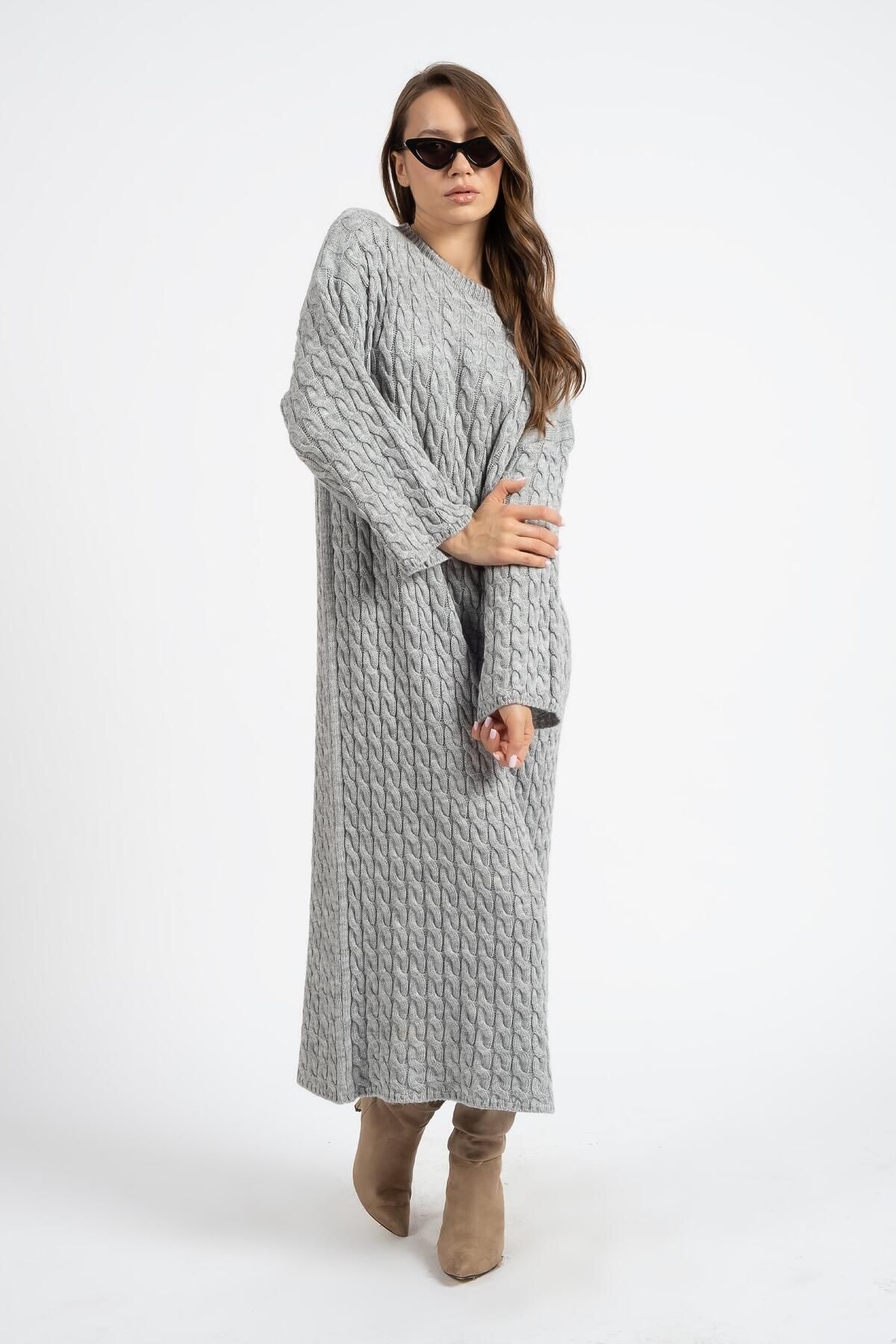 robe longue en tricot à col ras du cou pour femmes gris